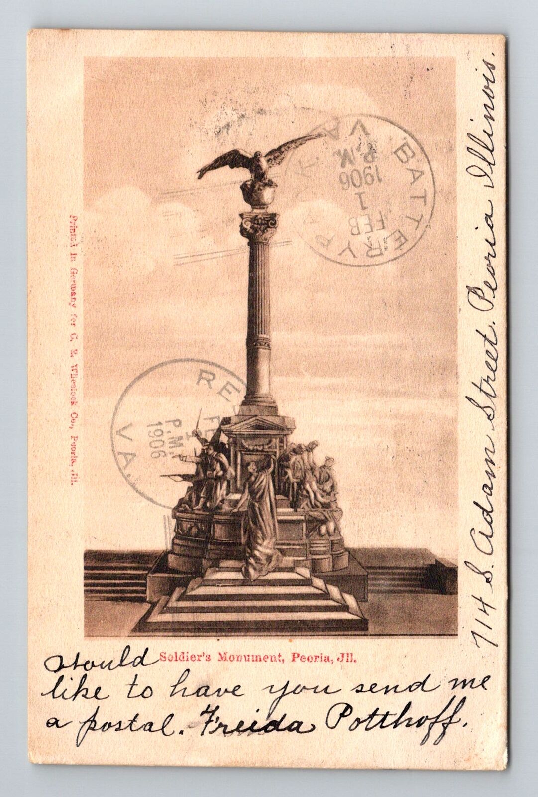 Peoria IL-Illinois, Soldier's Monument Vintage c1906 Souvenir Postcard