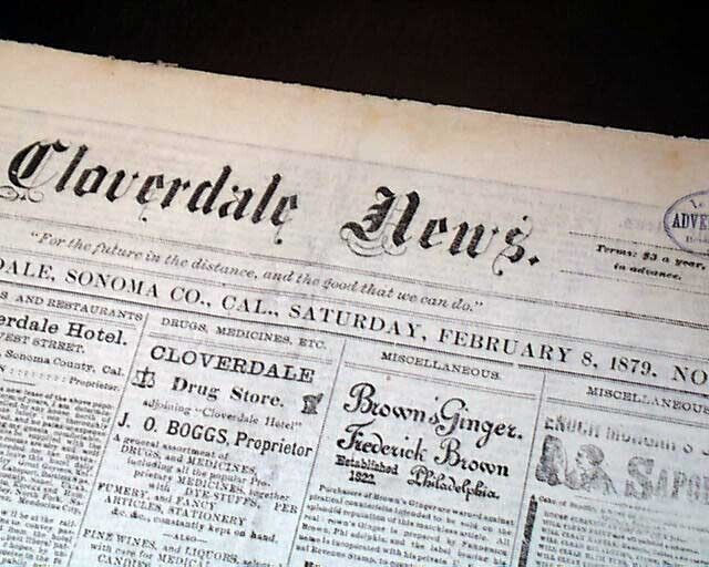 Rare CLOVERDALE Sonoma County San Francisco Bay Area 1879 Old West Newspaper