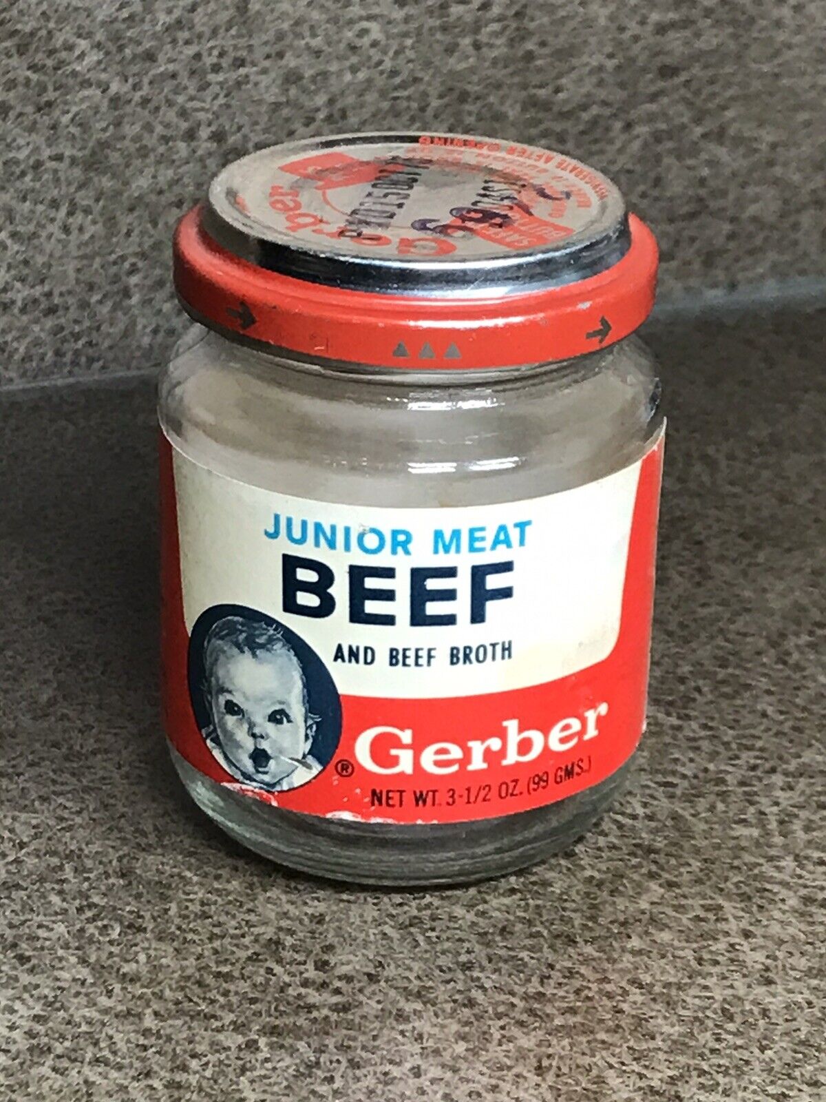 VINTAGE GERBER Glass Jar Junior Meat Beef Broth 1973 Prop BABY FOOD Rare Find