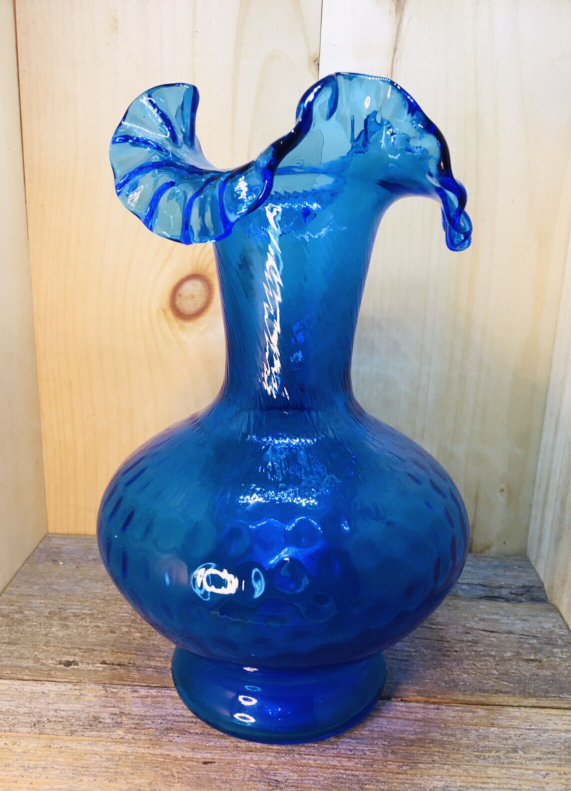 Great FIND-Blue FENTON Art Glass Colonial 11” Vase Crimped Rim Dot Thumbprint