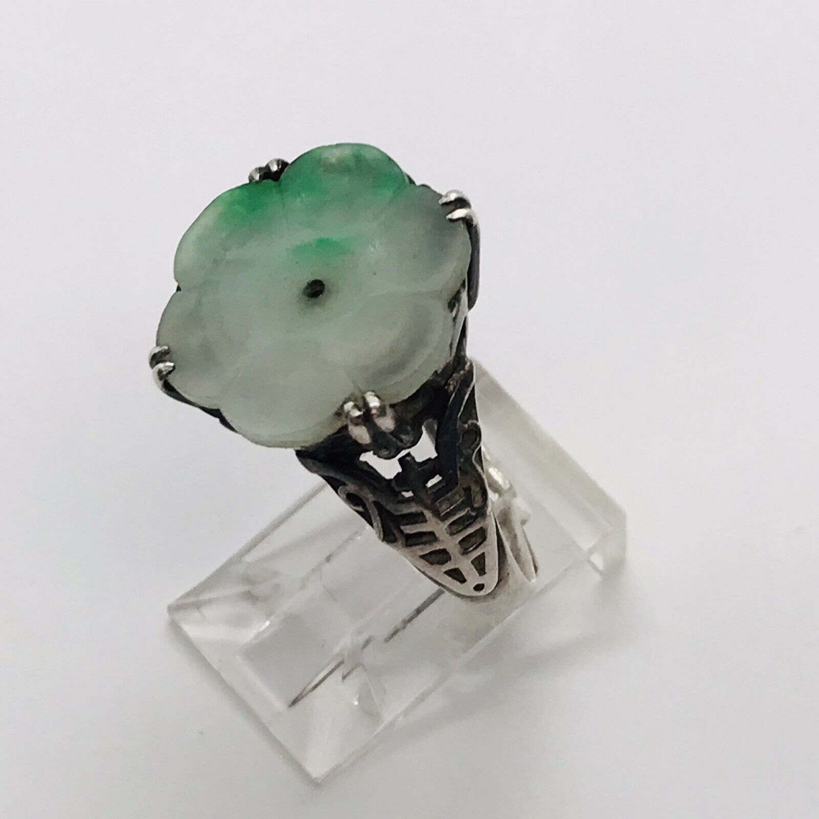 5.3g STERLING SILVER CHINESE EARLY JADE JADEITE IMPORT ANTIQUE RING SIZE 8 1920s
