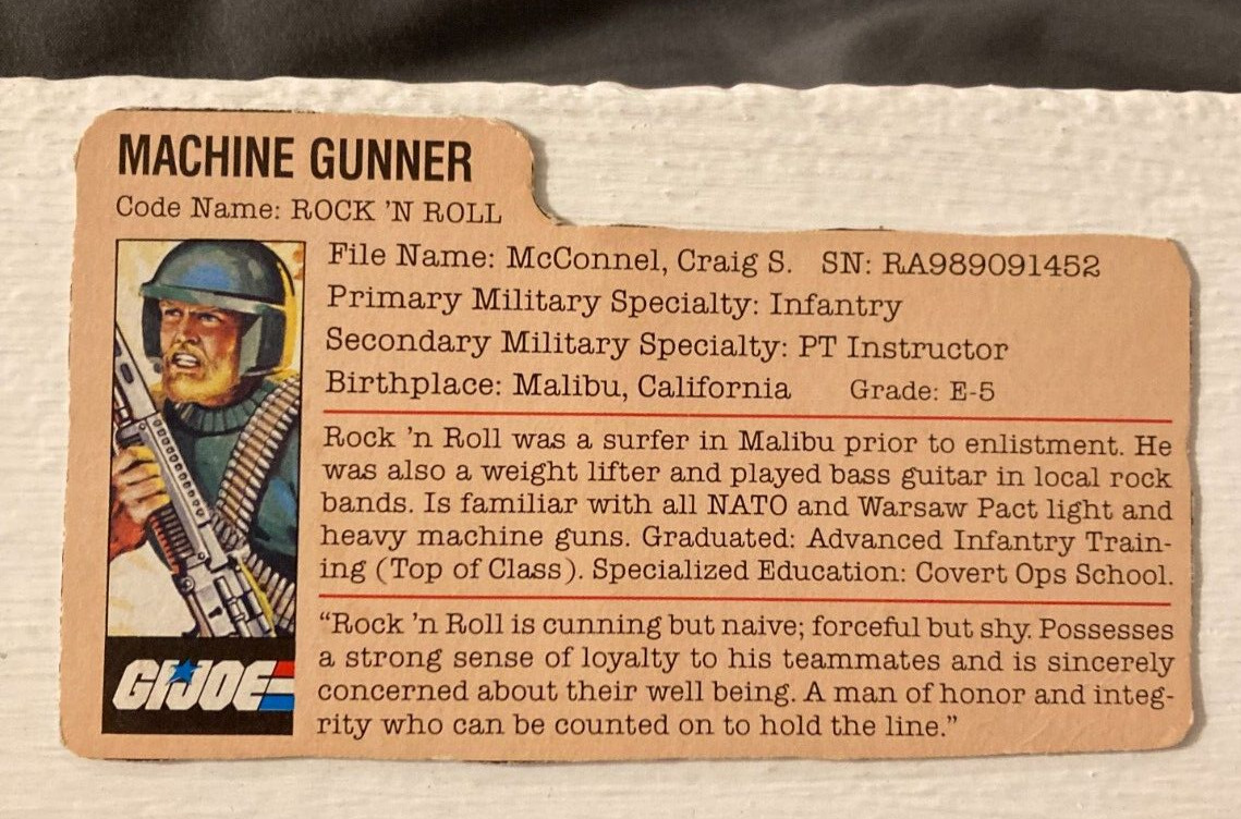 1982 GI Joe ROCK ‘N ROLL File Card Only Near Mint ARAH Peach Machine Gunner