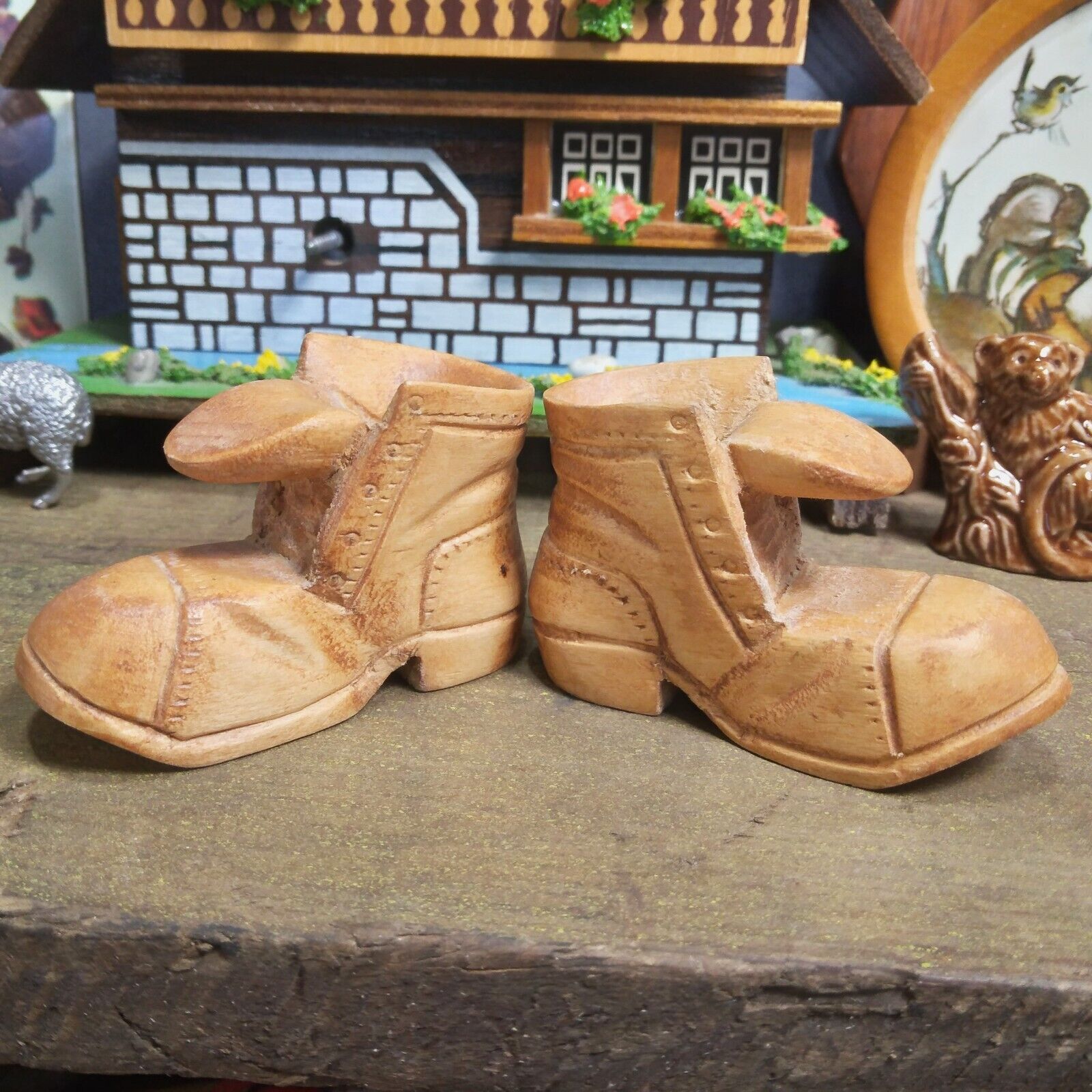 2 Vtg Hand Carved Whittled Wood Boot Wooden Shoe Rustic Folk Art Figurine Signed