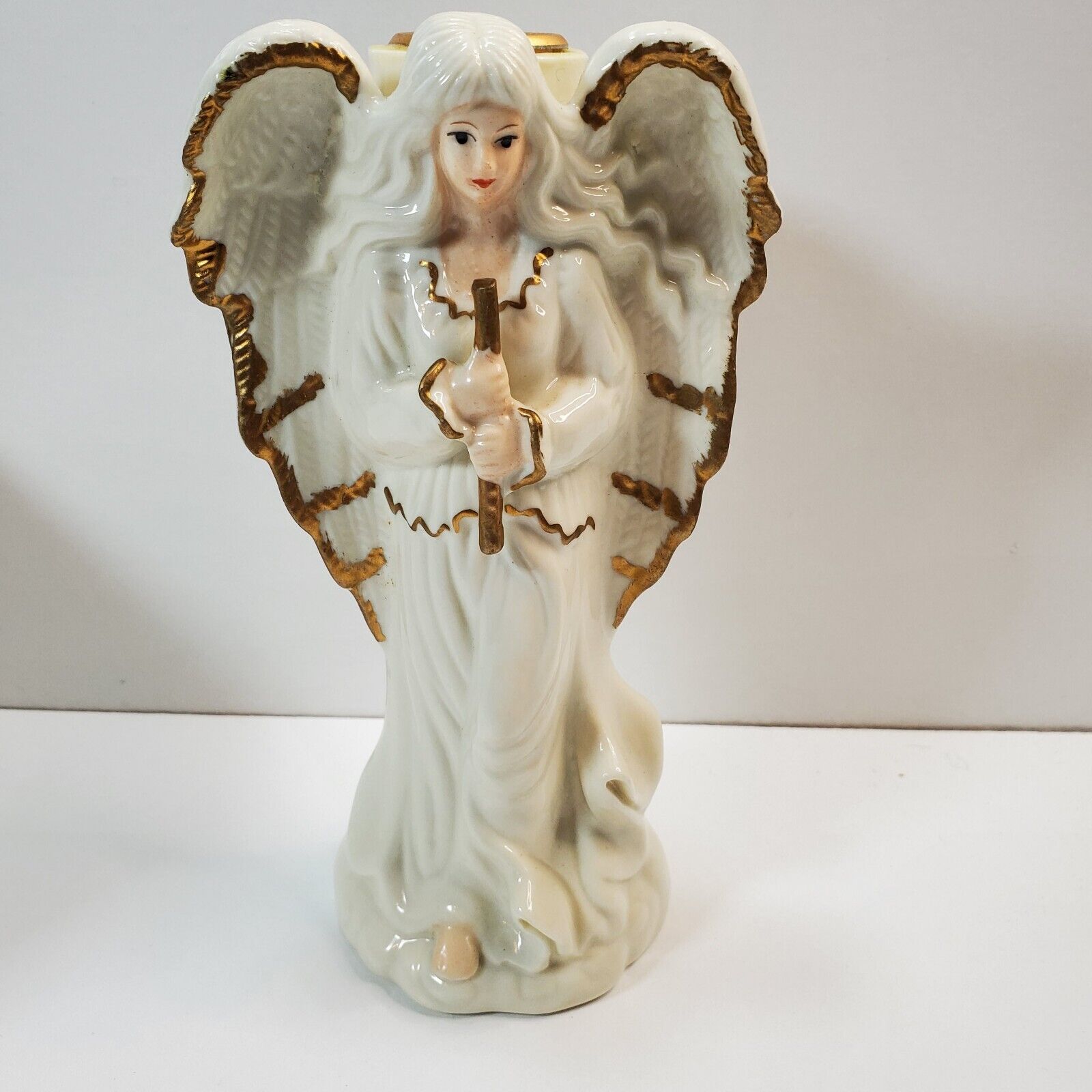 Vintage Hermitage Pottery 1999 Angel Taper Candle Holder  White w/ Gold Trim