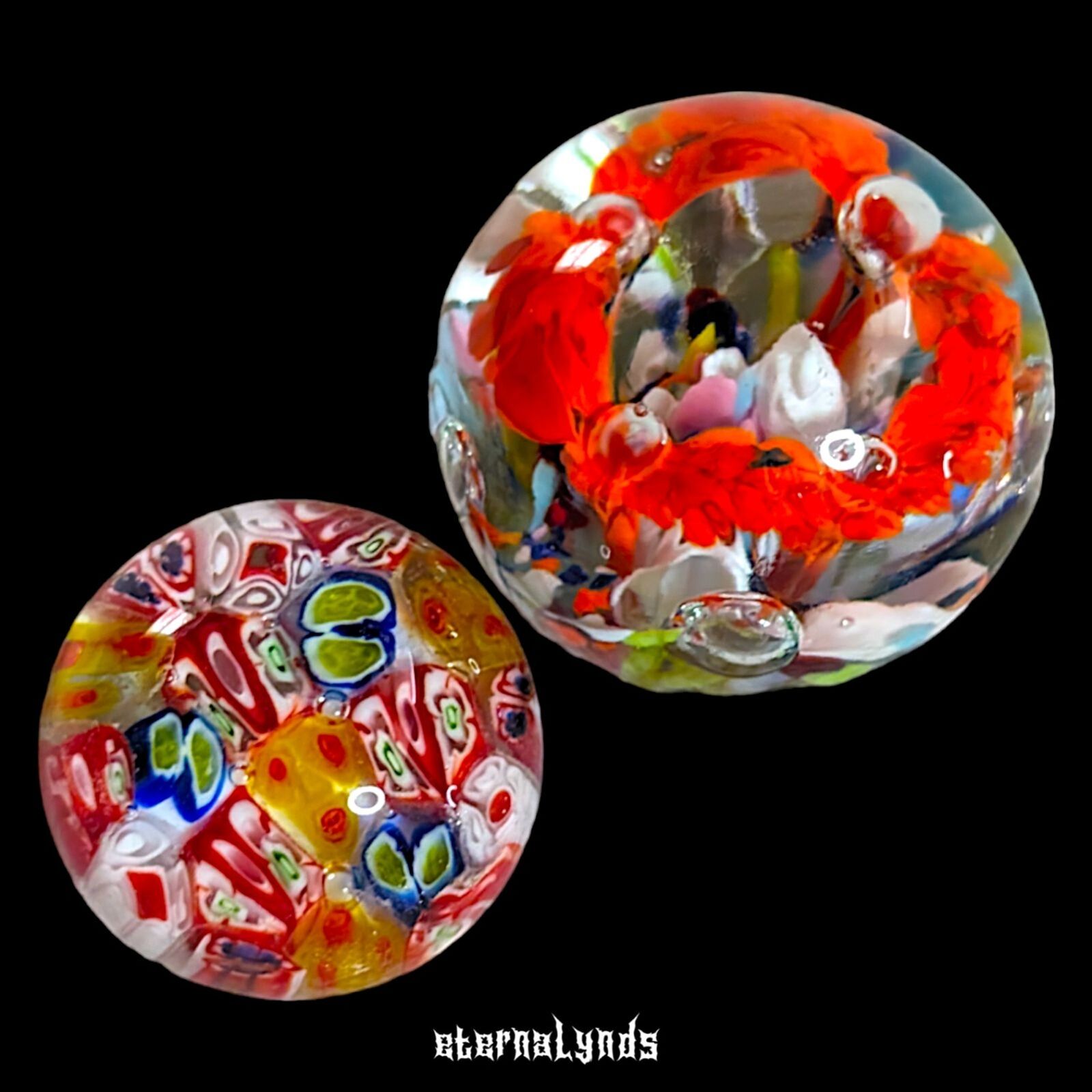 Vintage Millefiori Art Glass Paperweights Set of 2 Multicolor Controlled Bubbles