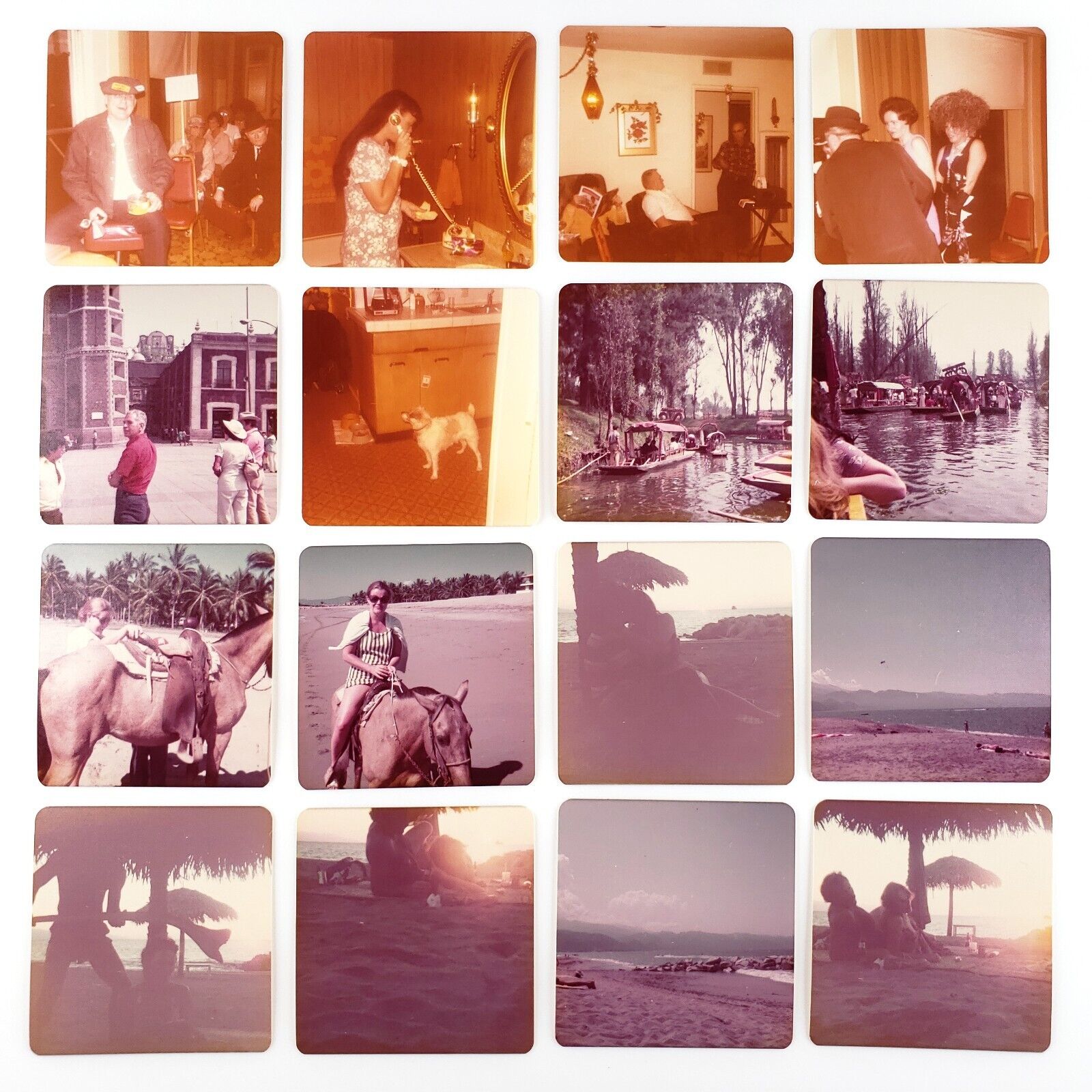 Vintage Found Square Color Snapshot Lot 1970s Horse Dog Mexico Beach Boat B3534