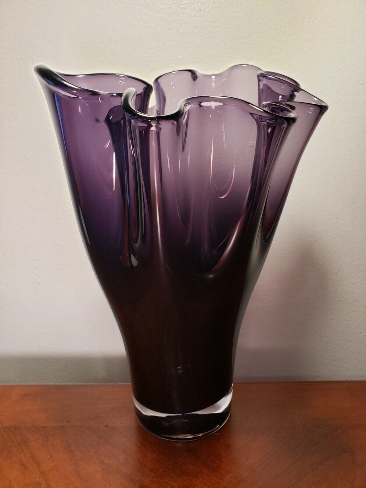 Vintage 12 Inch Lenox Art Glass Purple Organic Ruffle Heavy Vase