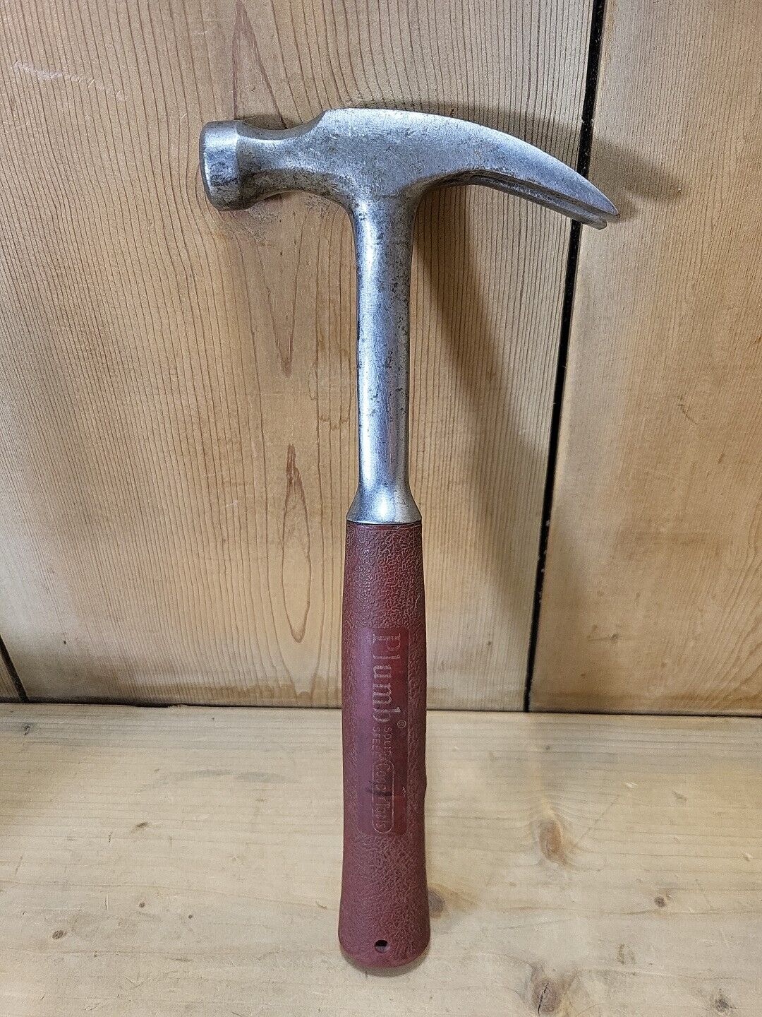 Vintage Plumb Solid Steel Straight Claw Hammer with Red Grip Mad In USA 