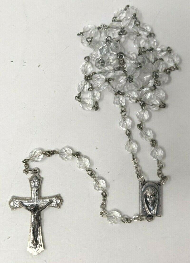 VTG Clear Faceted Glass Bead Prayer Crucifix Catholic Religious Rosary Italy A21