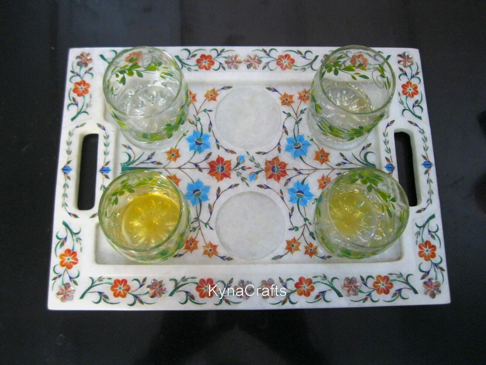 10 x 14 Inches White Marble Serving Tray Floral Pattern Inlay Work Giftable Tray