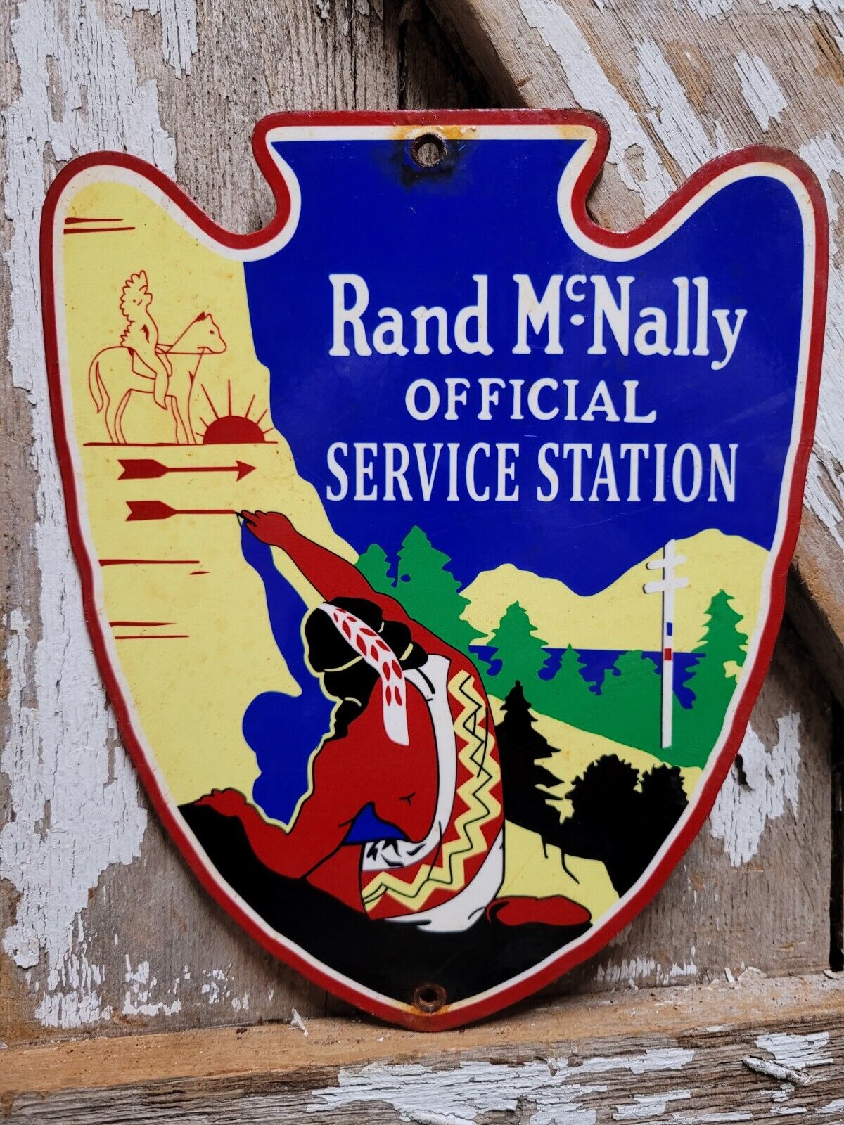 VINTAGE RAND MCNALLY PORCELAIN SIGN OFFICIAL SERVICE STATION HIGHWAY MAP ARROW