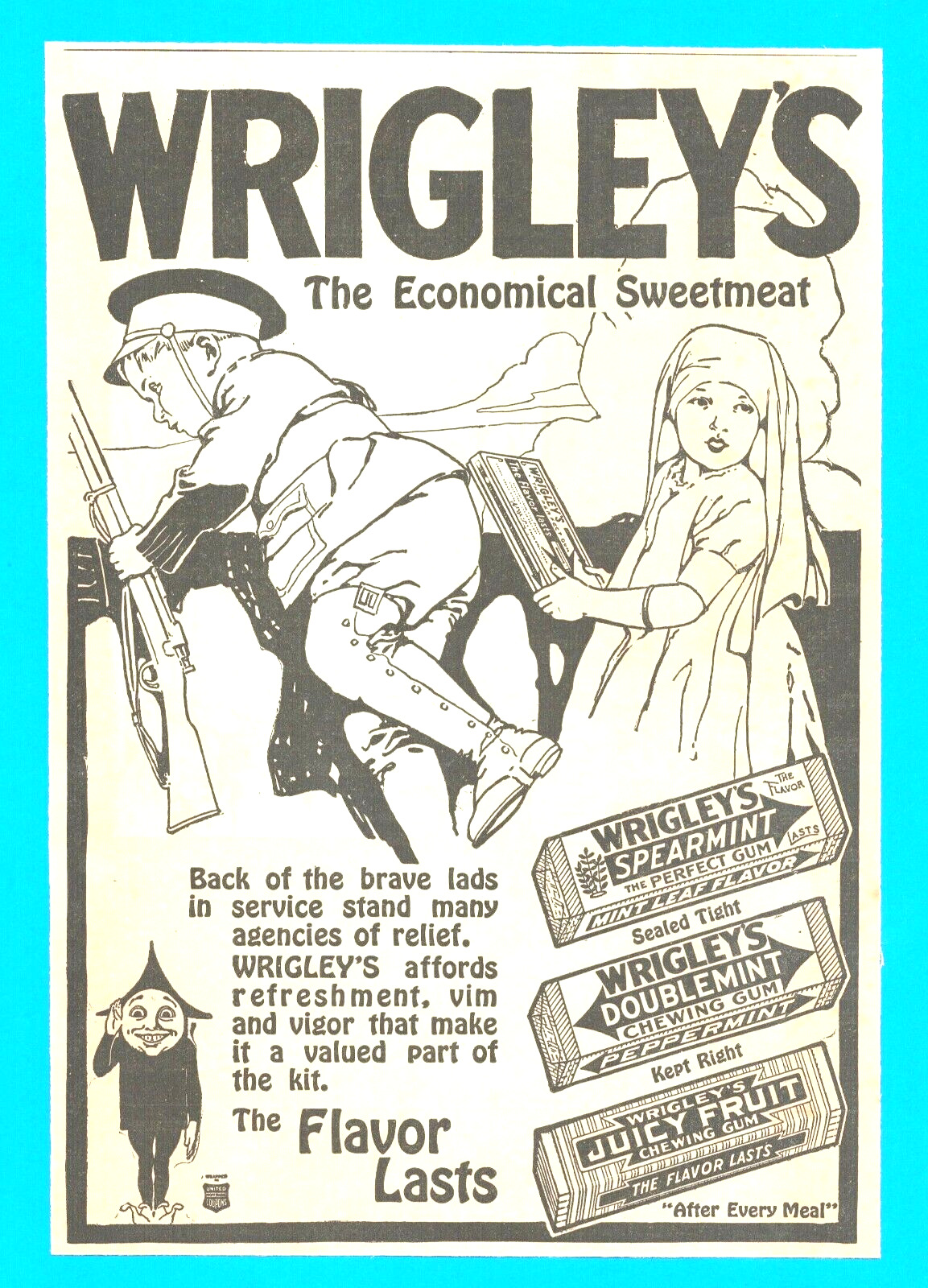 1918 Wrigley\'s Gum The Great War soldier nurse antique PRINT AD trench warfare