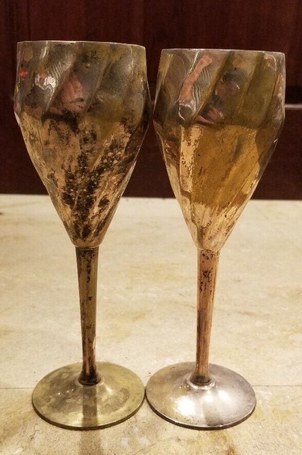 2 Vintage Solid Brass Wine Champagne Goblets with Patina Made in India