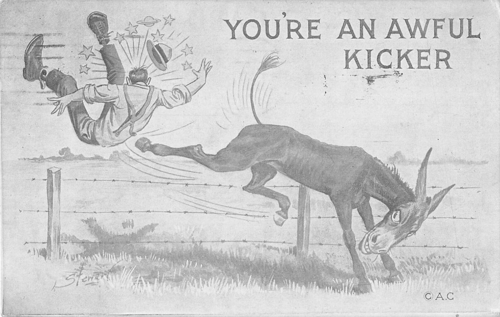 1913 Comic PC-Donkey Kicks Farmer Over Barbed Wire Fence-You're An Awful Kicker