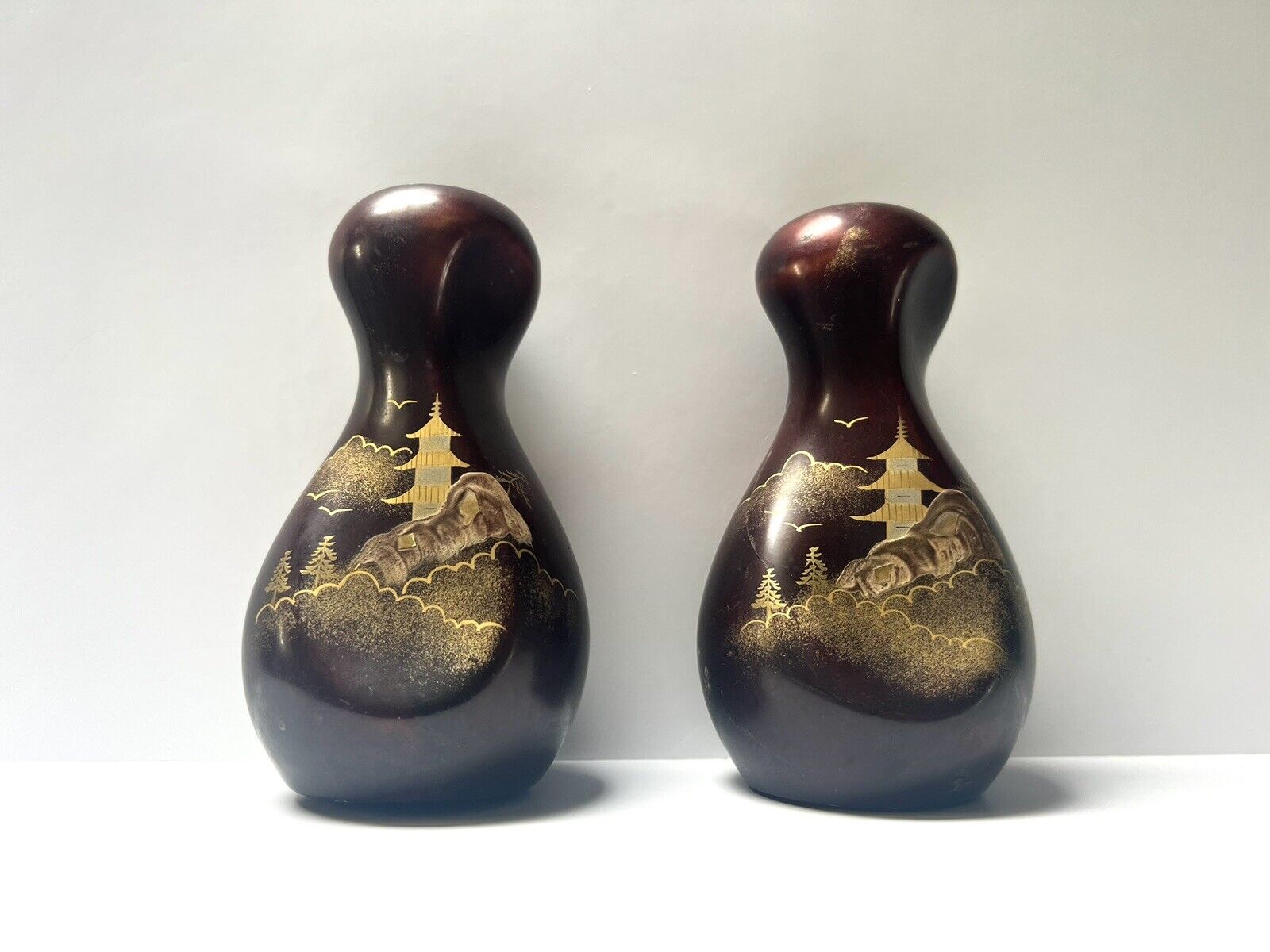 Set of 2 Royal (WKS) Twisted Gourd Burgundy/Gold Vases Made in Japan
