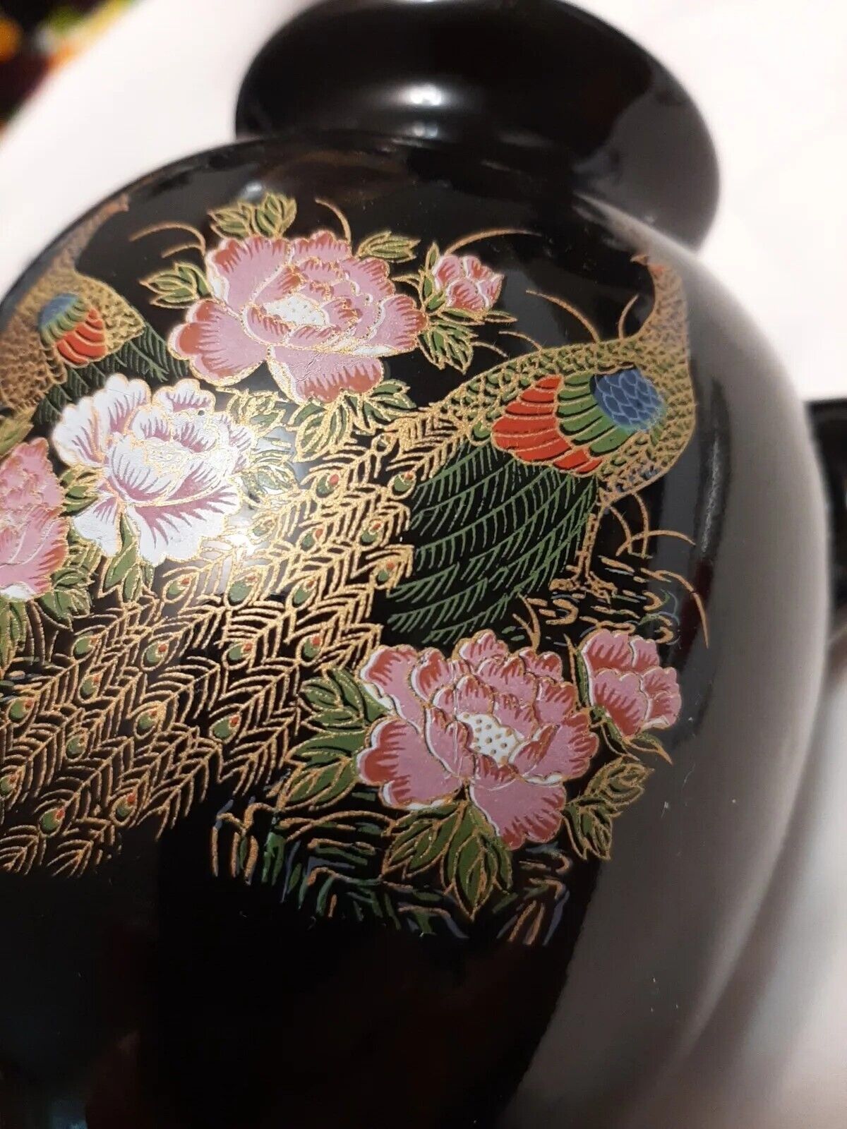 Oriental Vase Black Ceramic Hand Painted approx 5 inches tall Vase beautiful