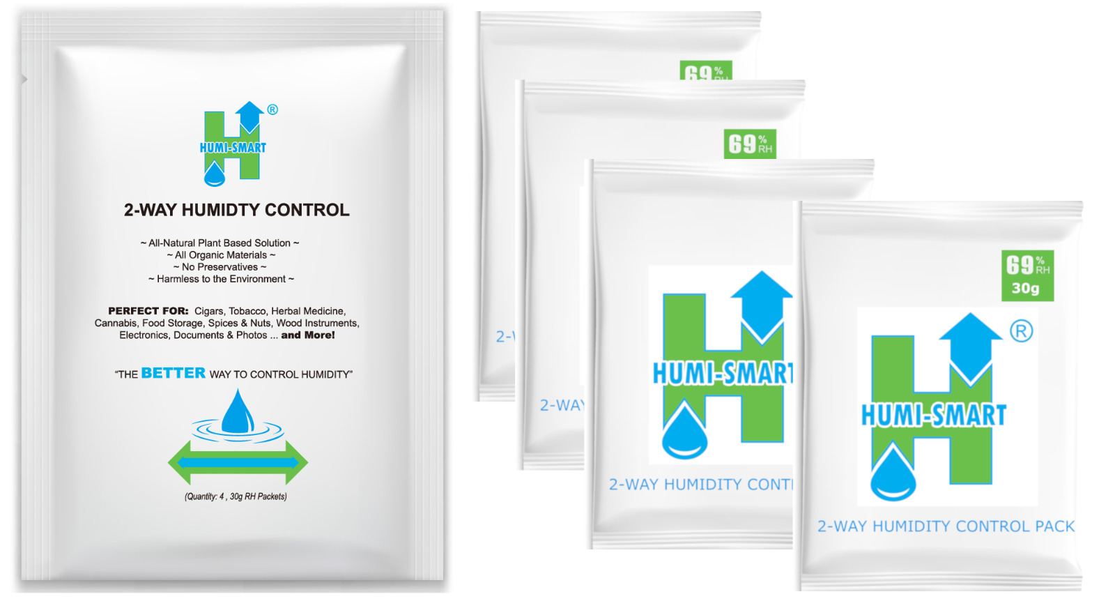 Humi-Smart 69% RH 2-Way Humidity Control Packet – 30 Gram 4 Pack