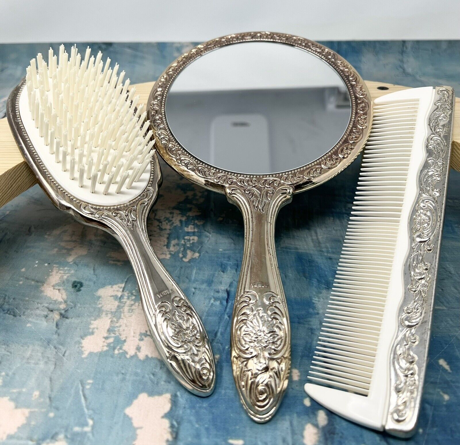 Towle Vtg. Silver Plated Vanity Set Hand Mirror, Comb & Hair Brush