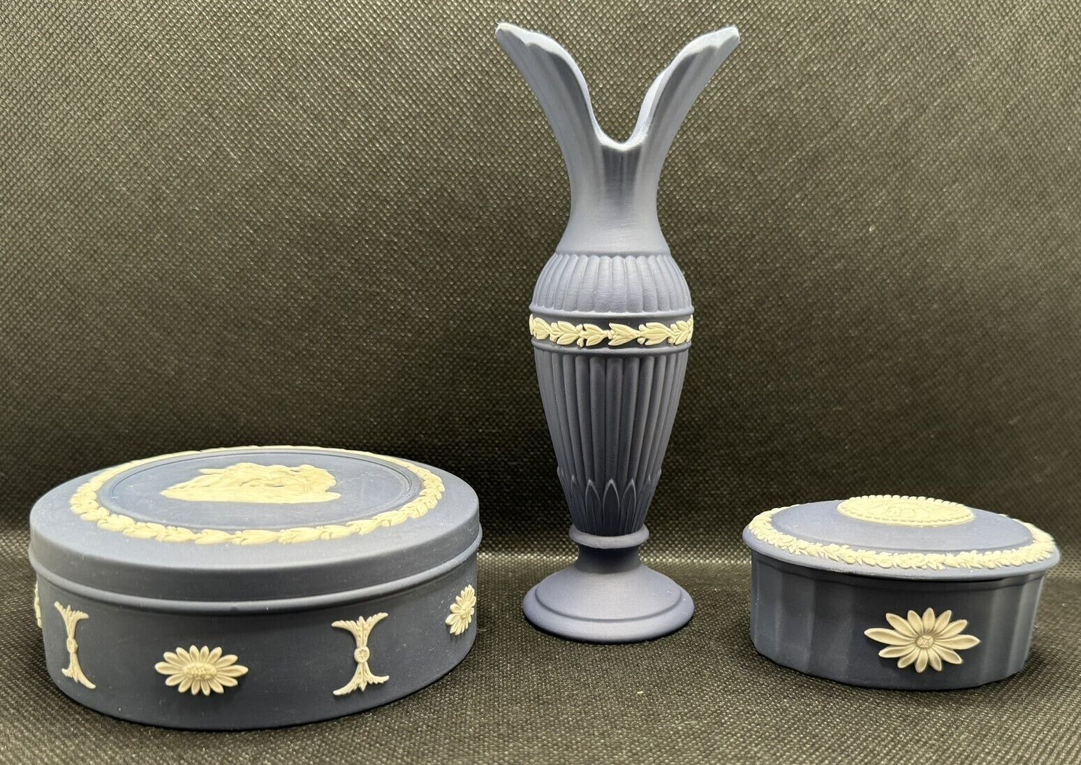 Vintage Wedgwood Jasperware Cobalt Blue Trinket Boxes and Bud Vase