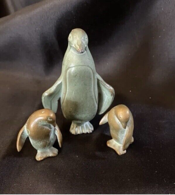 Vintage Bronze Penguin Family Museum Figurines, Set Of 3
