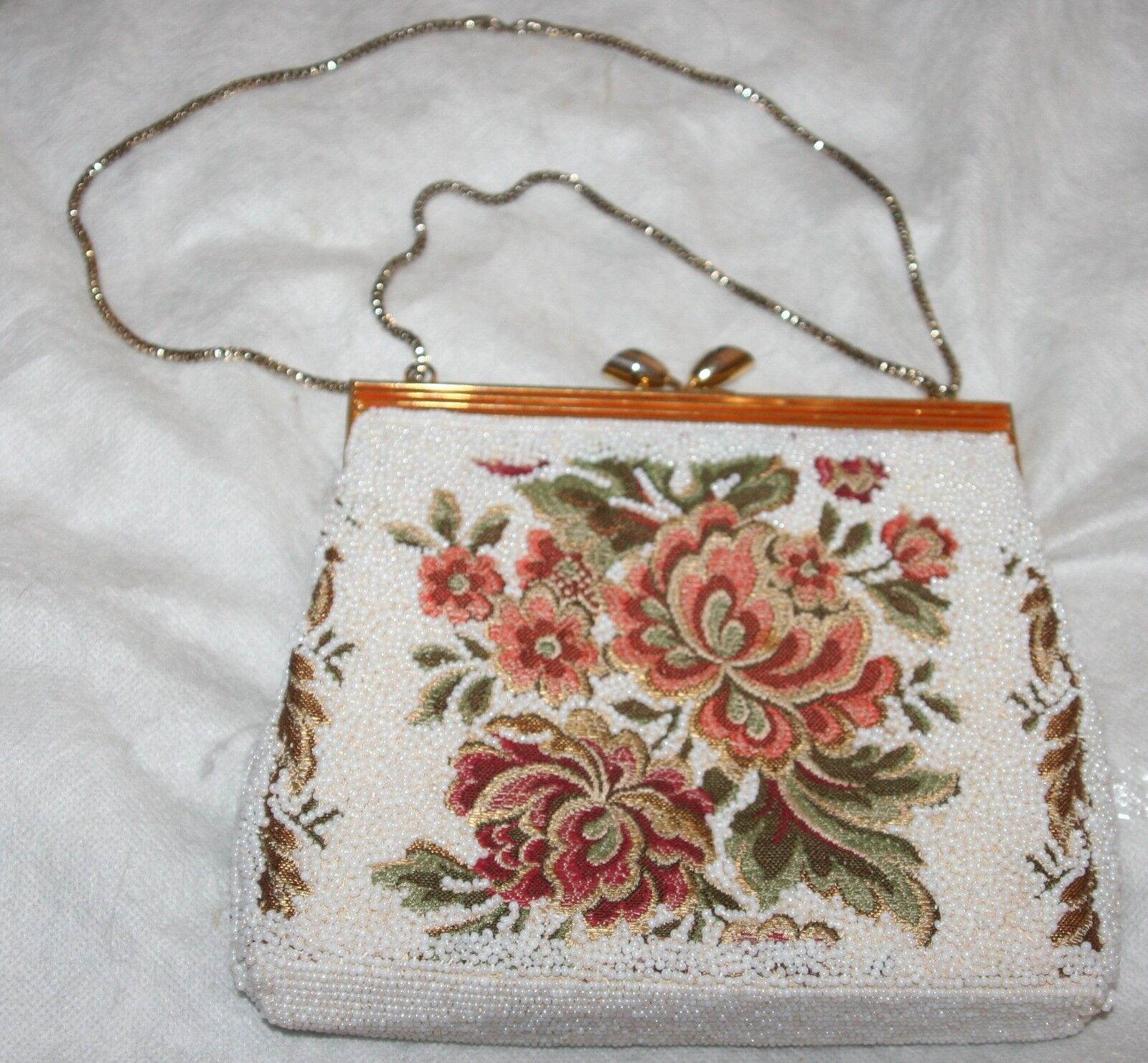 GORGEOUS TRUE VINTAGE Evening Bag - White Beads over Tapestry Fabric 