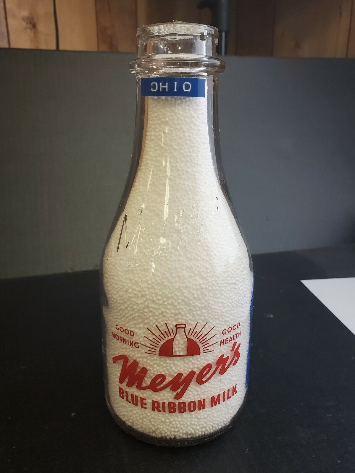 Meyer's Blue Ribbon Milk Cleveland OH milk bottle very rare pyro 2 color 