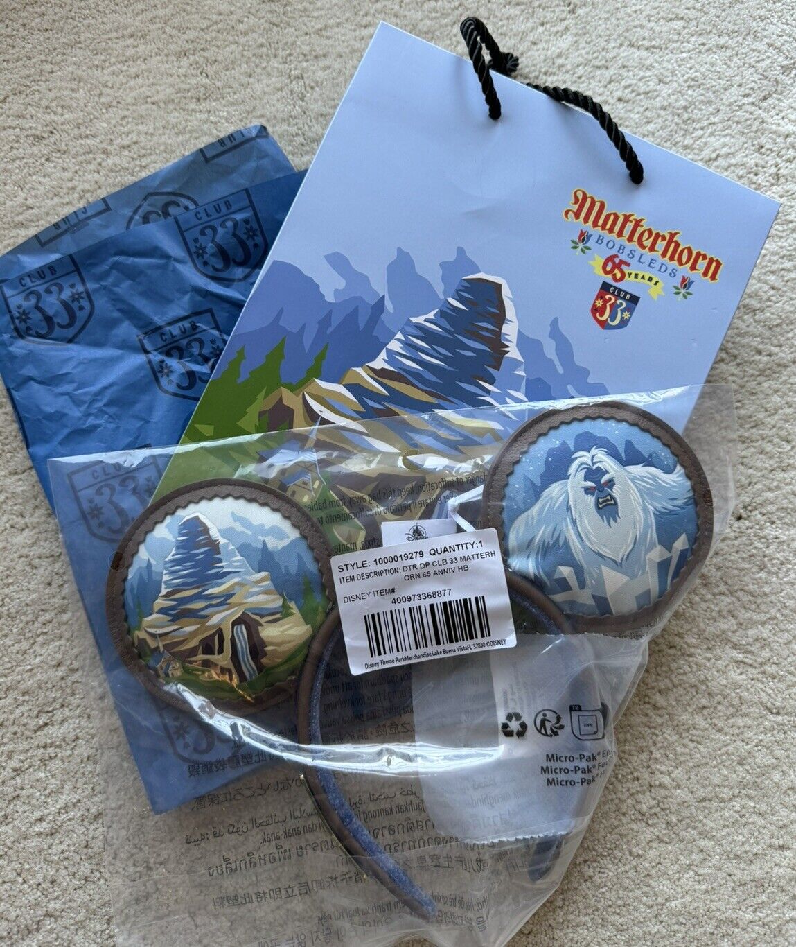 Club 33  Ears celebrating the 65th Anniversary of the Matterhorn W/ Medium Bag