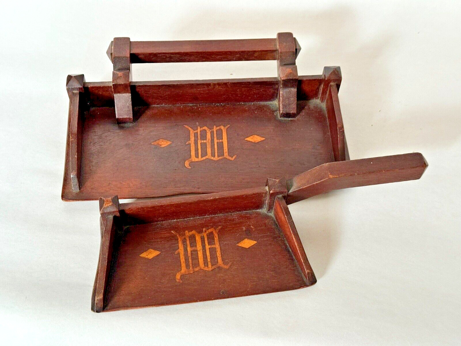 Antique Arts & Crafts Period Craftsman Inlaid Wood Table Crumb Catcher Set