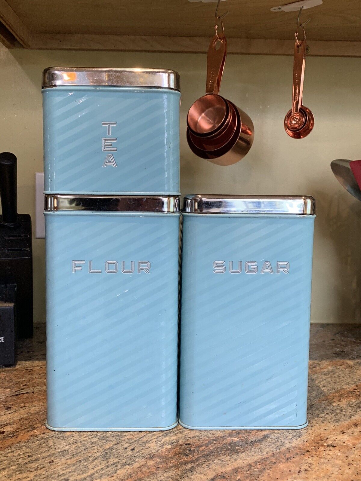 Vintage 1950's Lincoln Beautyware Turquoise canister set (3) w/lids& labels