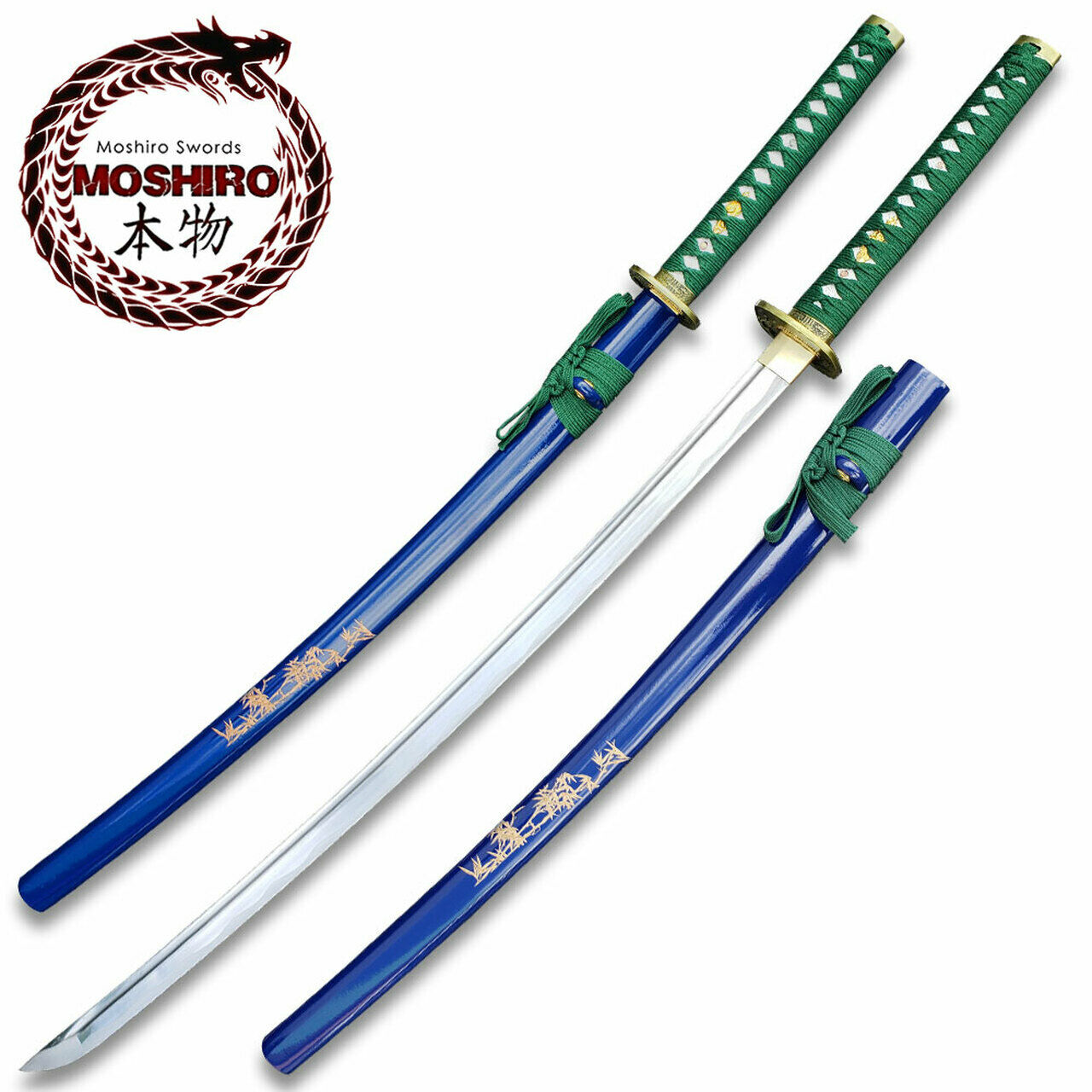 MOSHIRO Brand 1045 Steel Handmade Katana With Bamboo Engraved on Blue Scabbard