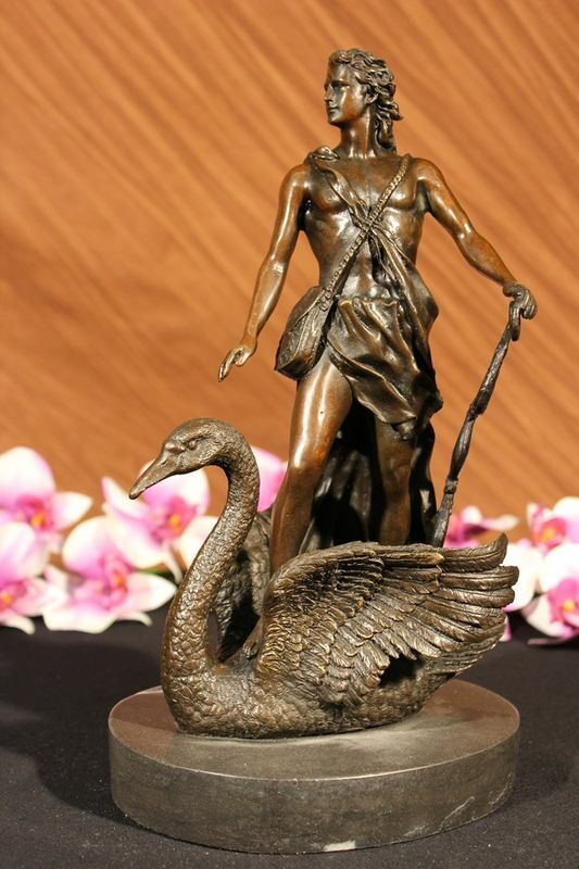 Signed M.Lopez Leda and the Swan Bronze Marble Statue Mythical Greek Sculpture