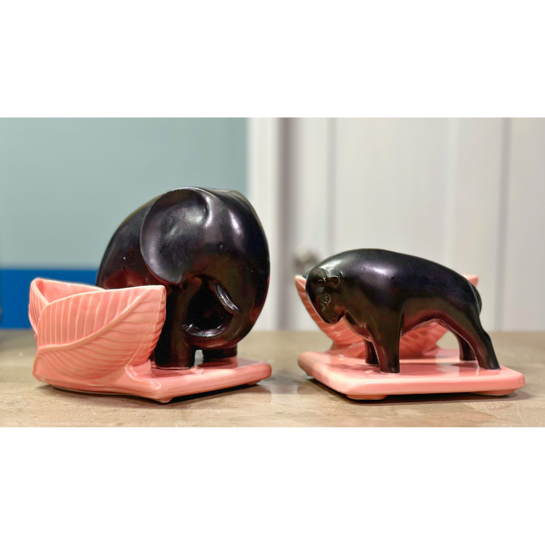 MCM VTG Shawnee Pottery - Elephant and Bull - Black and pink planters - 1950s