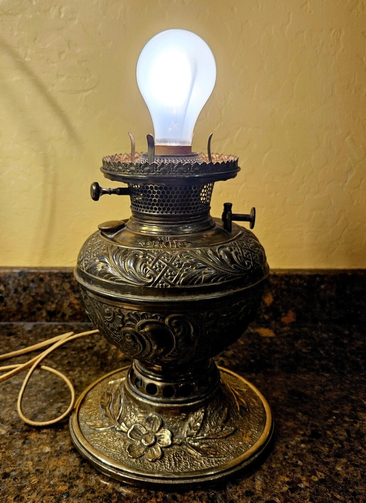 Stunning Antique Bradley & Hubbard Electrified Oil Lamp Embossed BRASS
