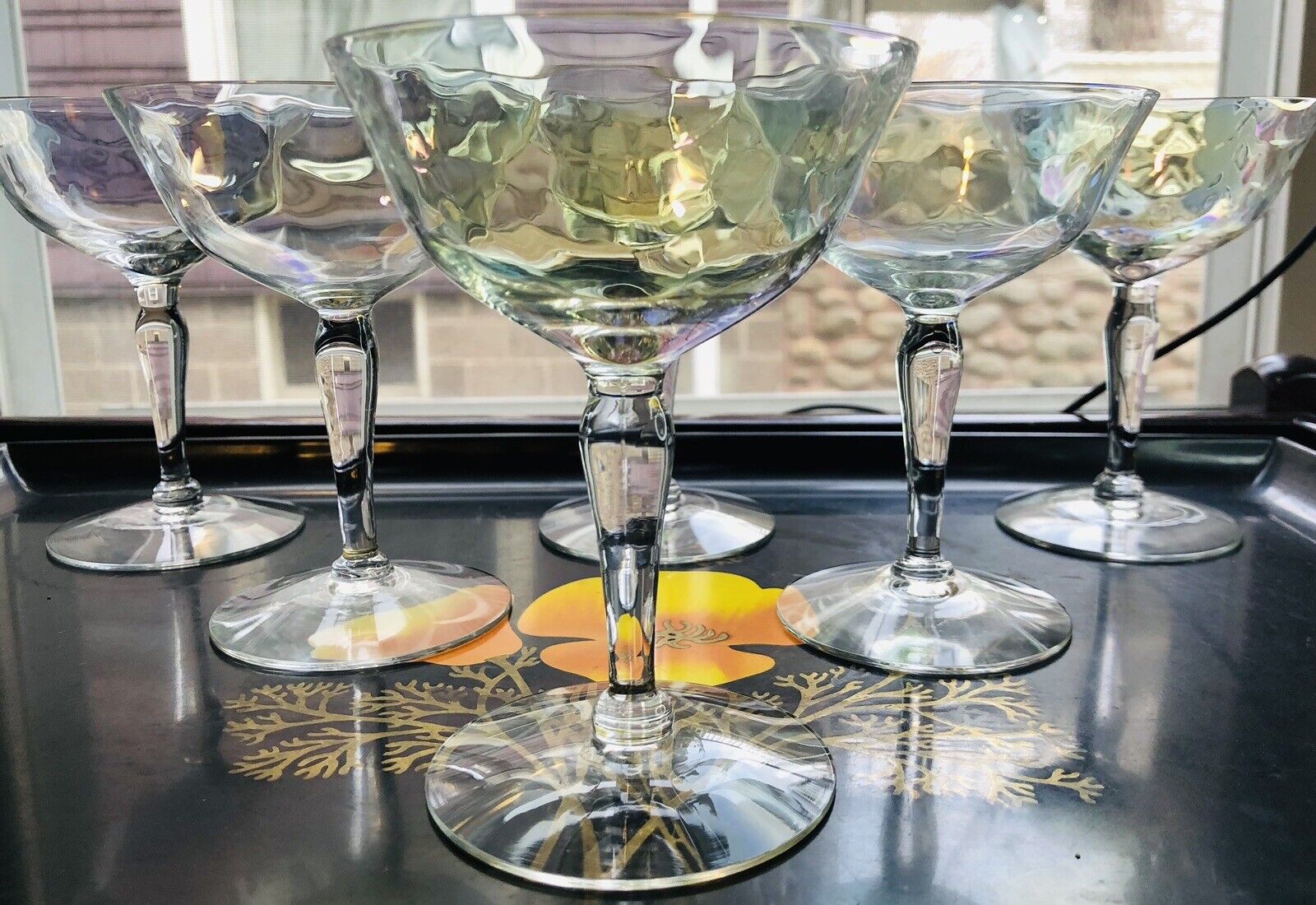 1950'S Art Deco Iridescent Cocktail WV Optic Loop Barware Glass Set Of 6