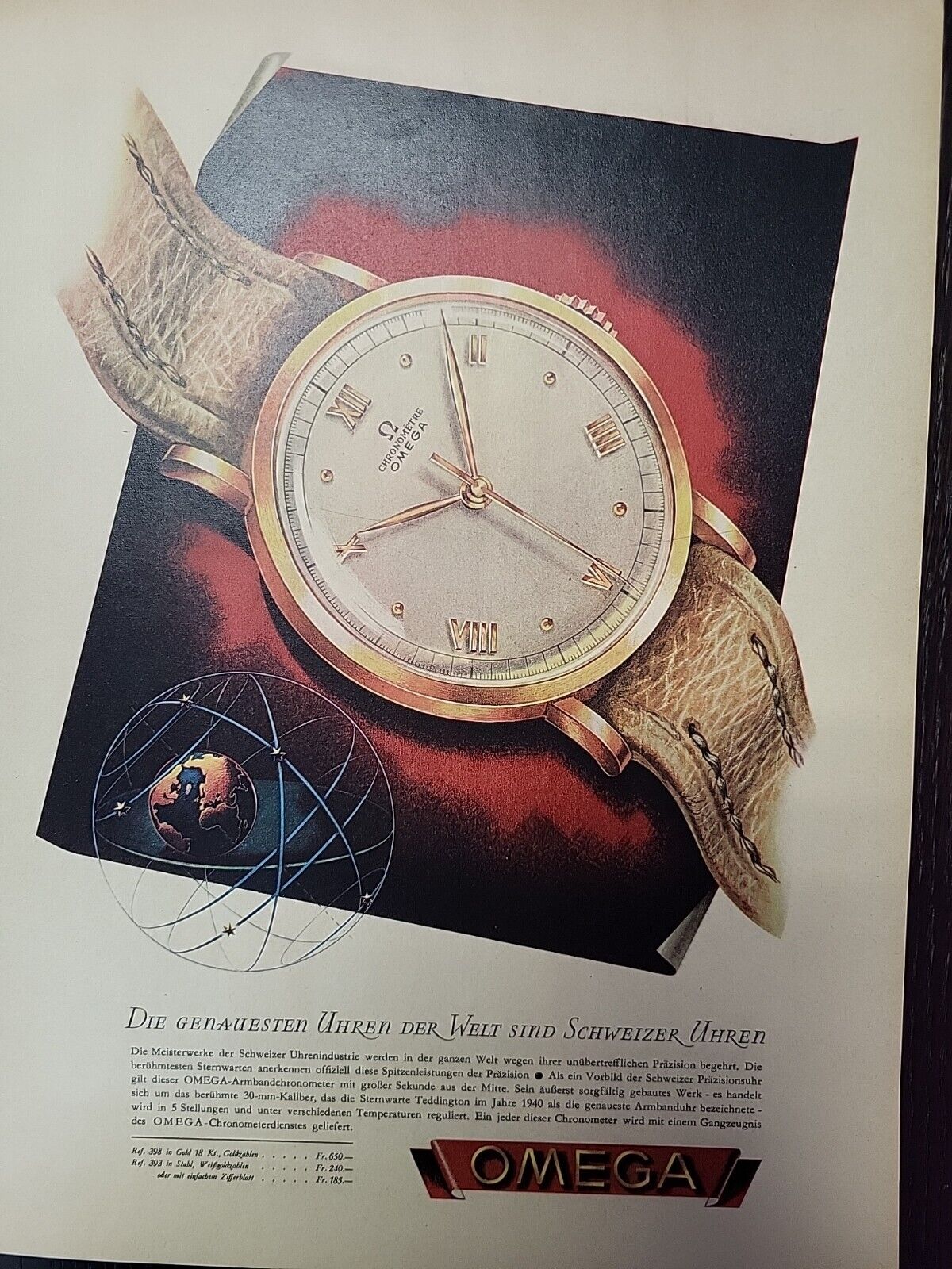 Omega Swiss Watches 1945 Print Ad Du World War 2 Luxury German Chromometer Color