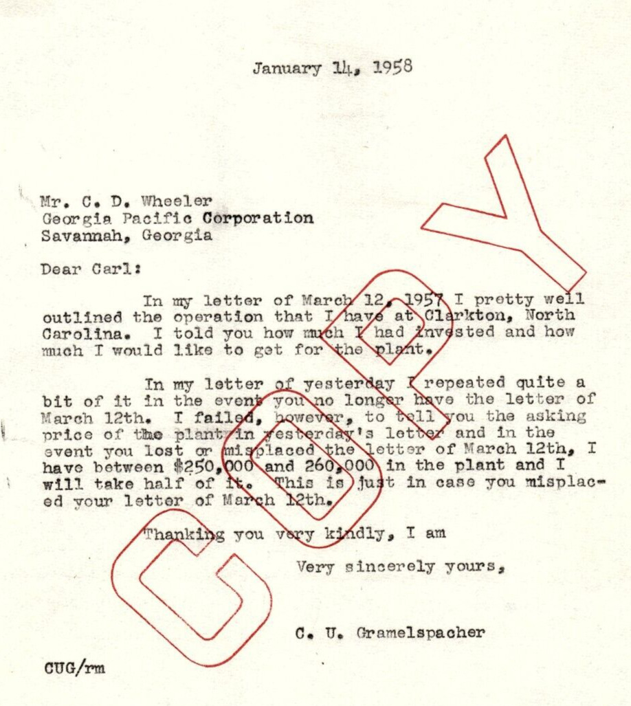 1958 GEORGIA-PACIFIC COPRORATION AUGUSTA GA BUYING LEASING SAWMILL LETTER Z849
