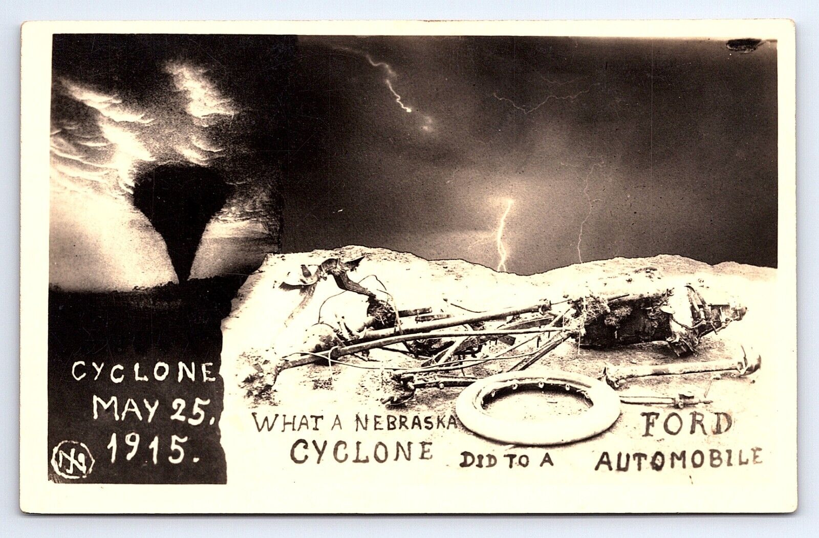 Postcard RPPC May 25, 1915 Nebraska Cyclone Damage to a Ford Automobile/Car