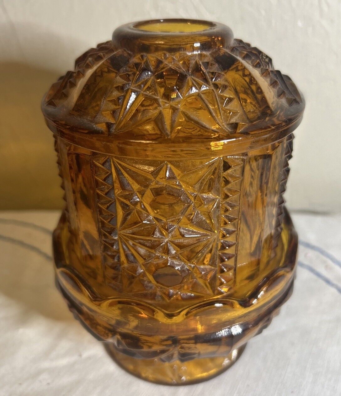 Vintage Indiana Glass Amber Fairy Lamp Stars and Bars Candle Tea Votive Light