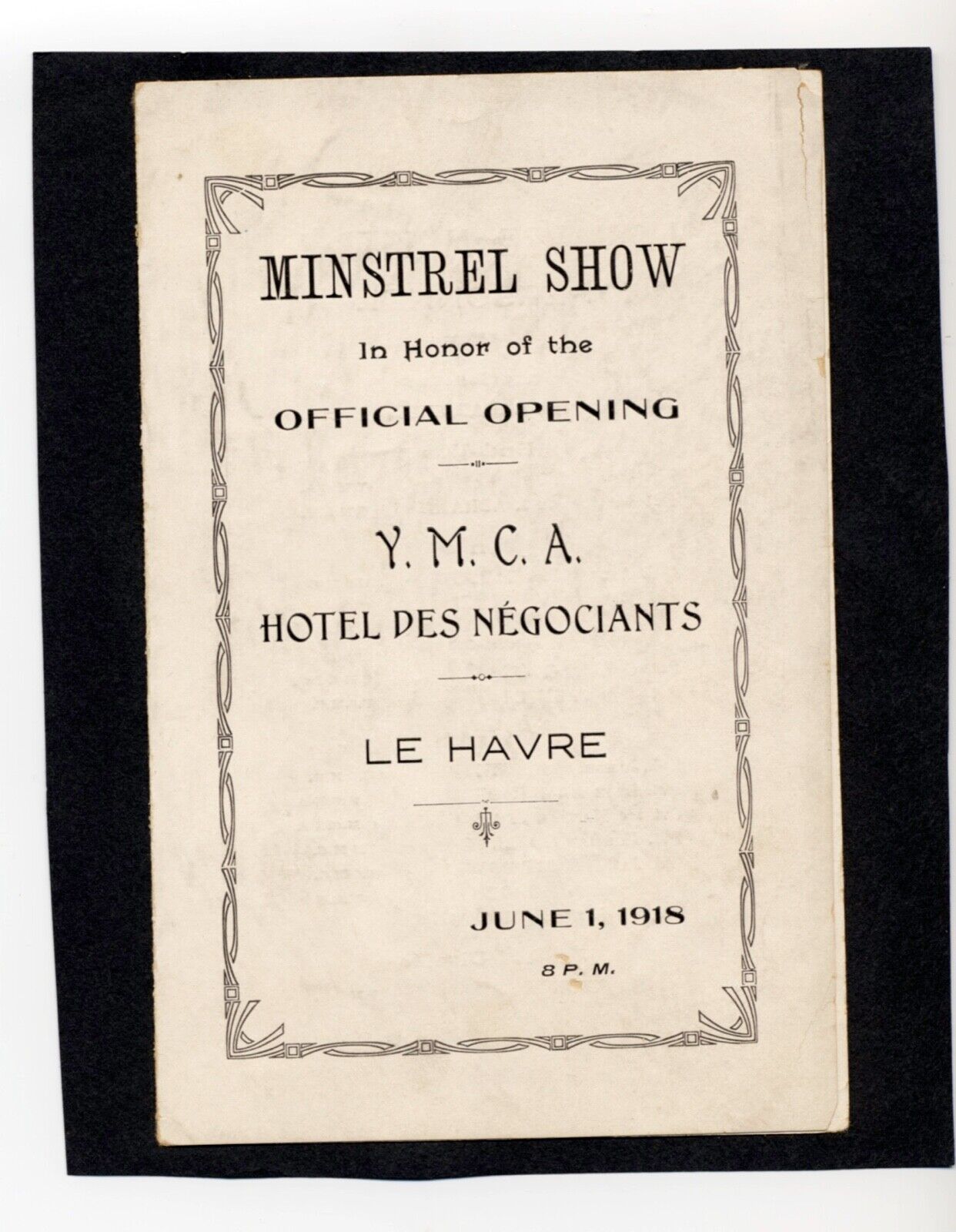 Vtg 1918  Minstrel Show Program in honor of YMCA Hotel Des Negociants LE HAVRE