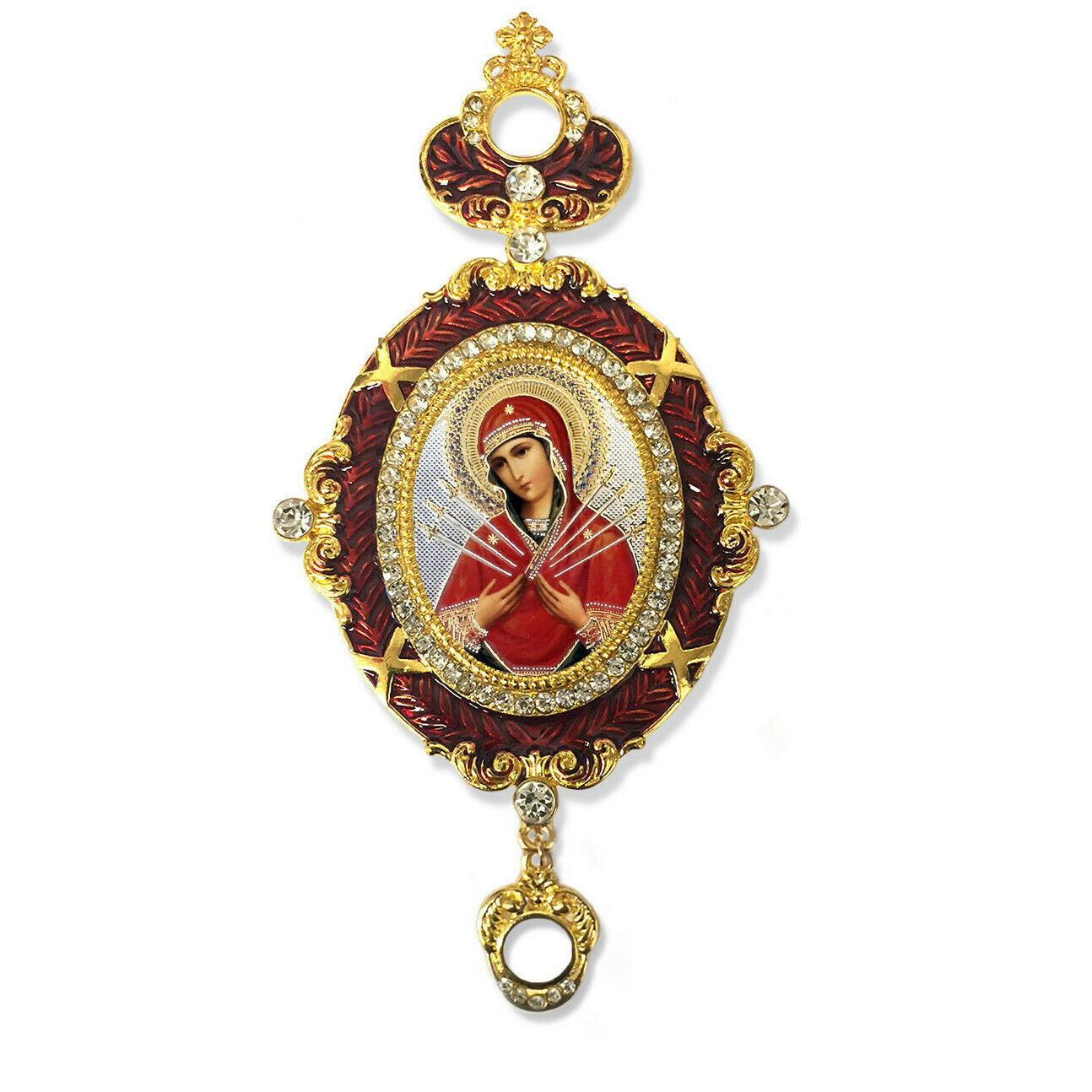 Virgin of Seven Swords - Enameled Icon Pendant  With Crown and Chain