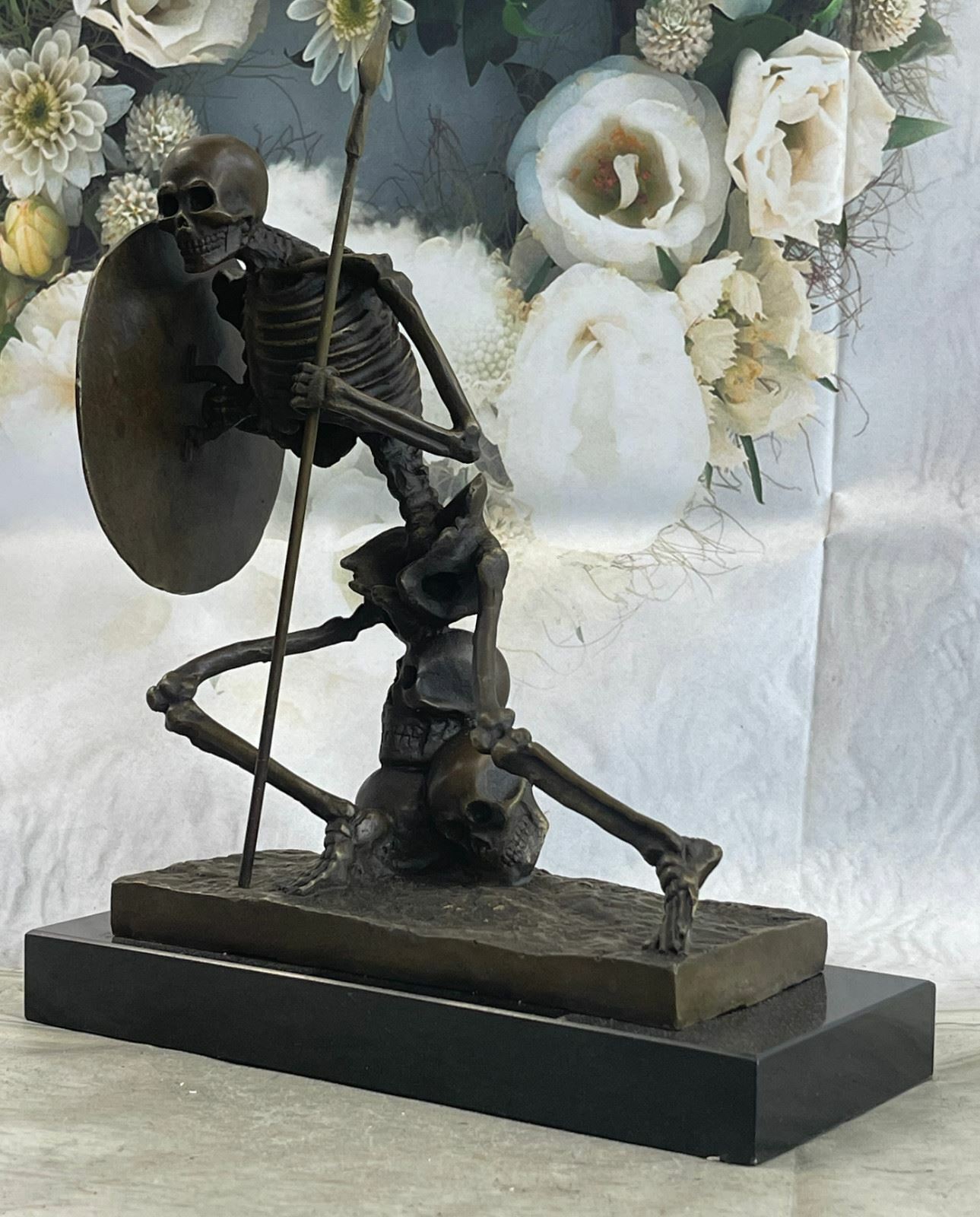 European Design Bronze Statuettes - Skull Skeleton Warrior Bookend Book End Art