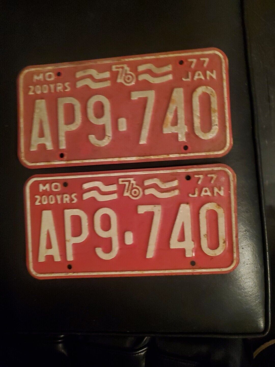 PAIR 1977 Missouri License Plates Set AP9 740 Bicentennial Jan 77 MO 200 YEARS