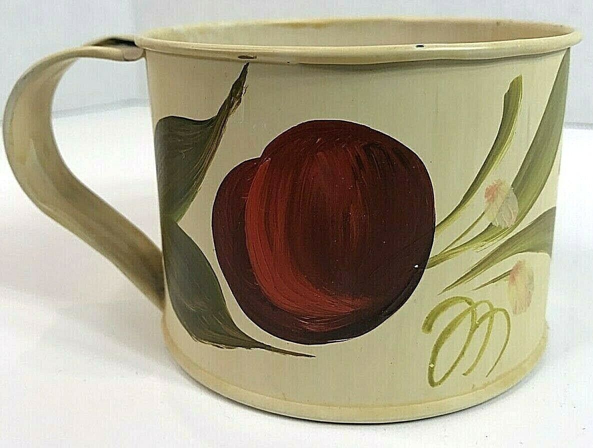1974 Hand Painted Signed Toleware Tin Camping Mug Red Apple Plum EUC