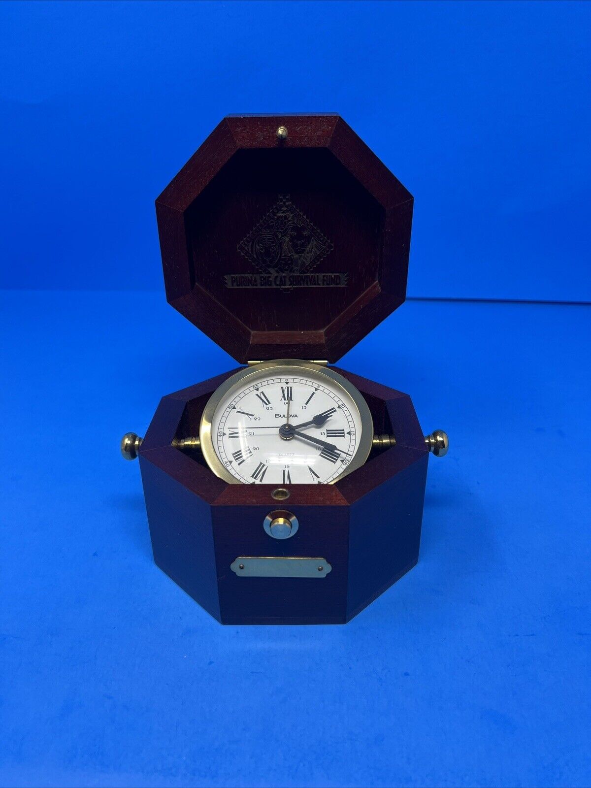 Bulova Quartermaster Maritime Desk Clock In Octogonal Mahogany Wood Display