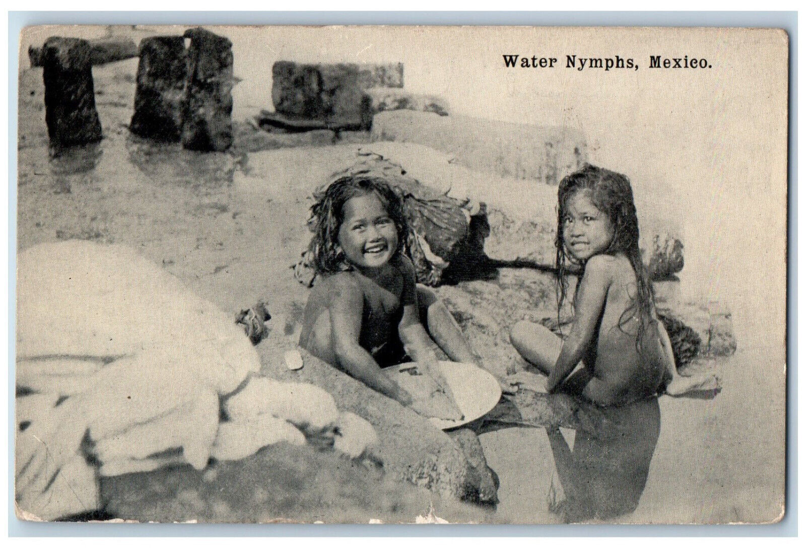 Mexico Postcard View of Water Nymphs Two Girl Kids c1910 Antique Unposted