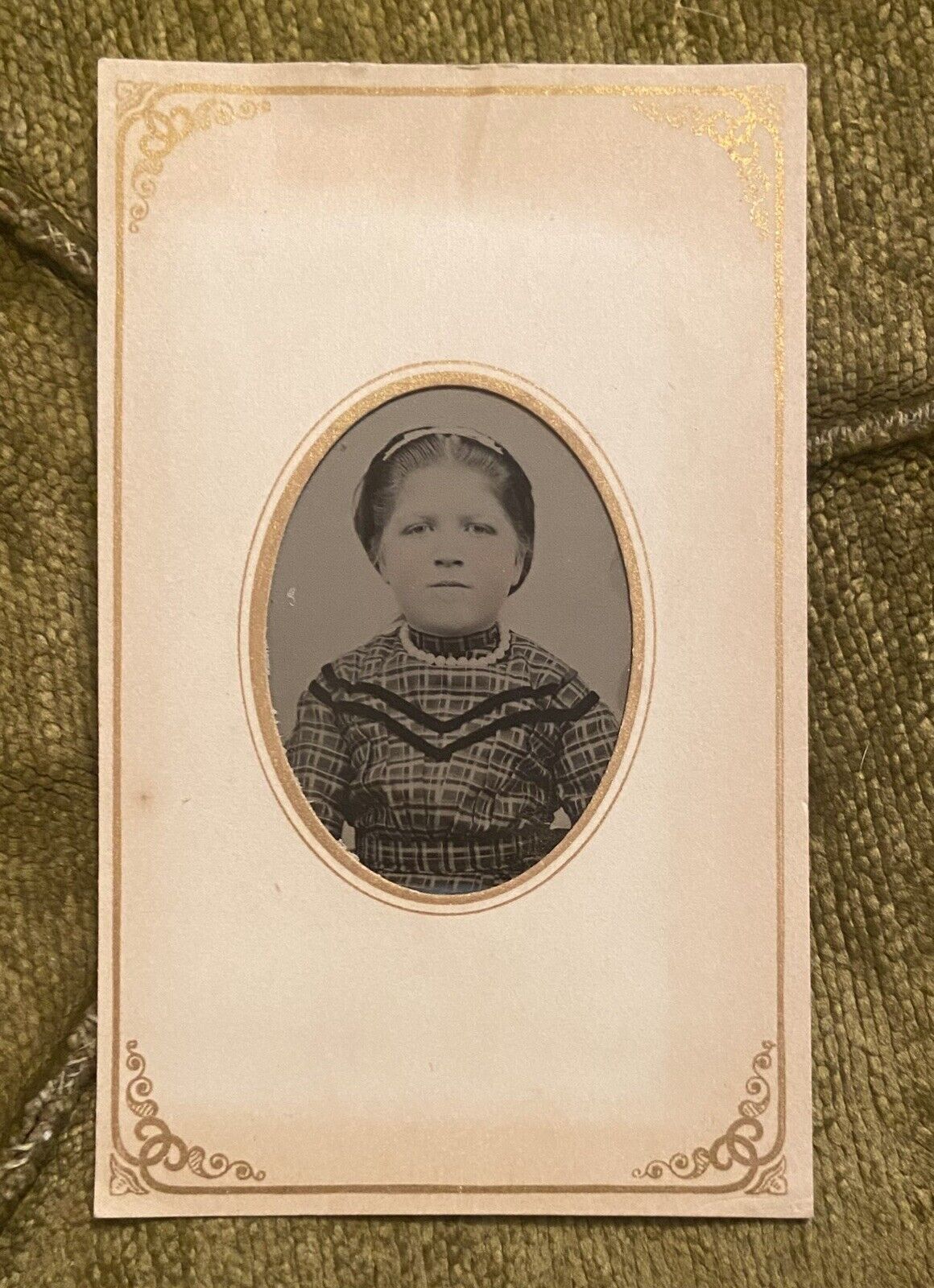Antique Tintype Photo Paper Frame Grumpy Young Girl Tinted Cheeks & Pearls