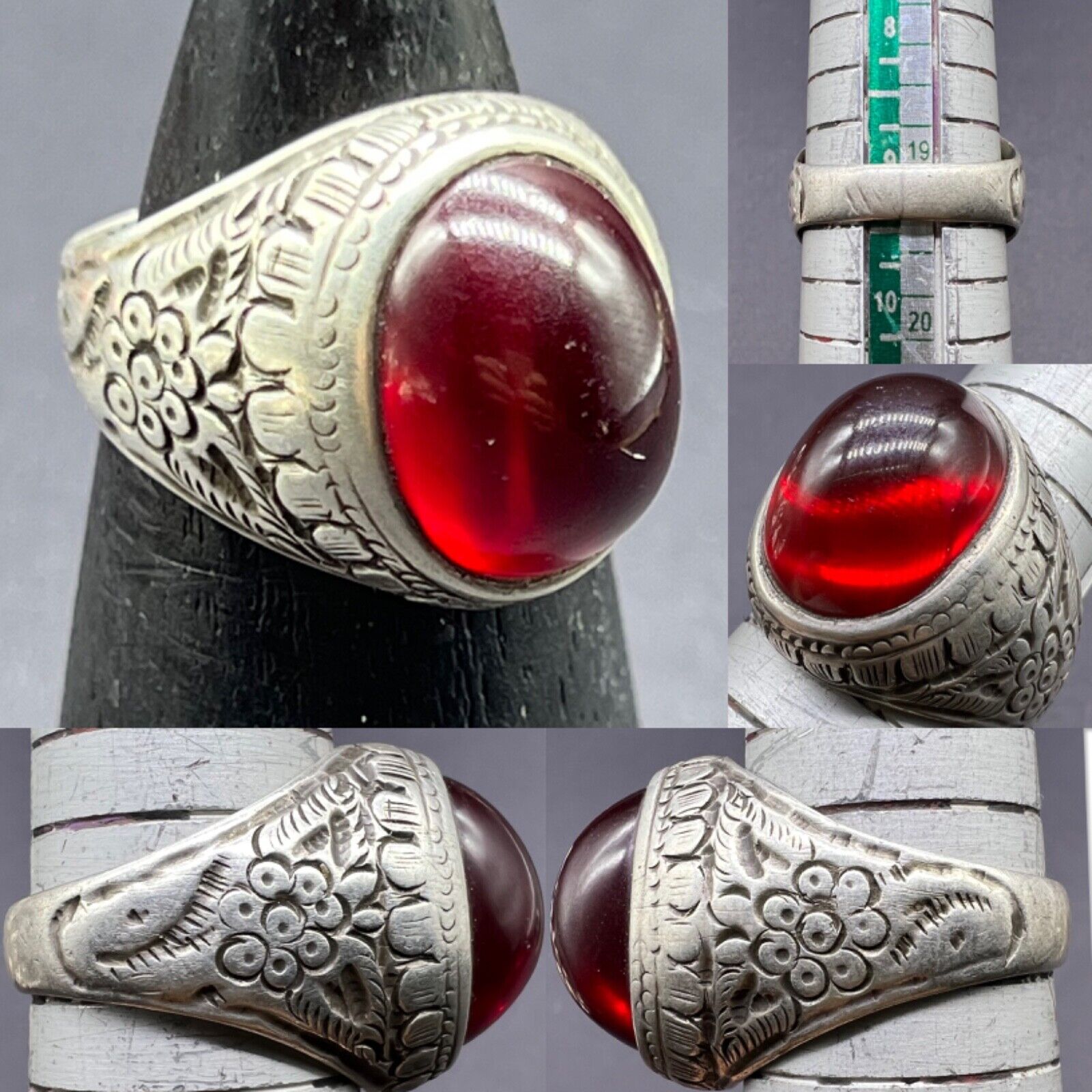 Genuine Rare Old Vintage Islamic Pure Sliver Ring With Natural Aqeq Stone Engrav