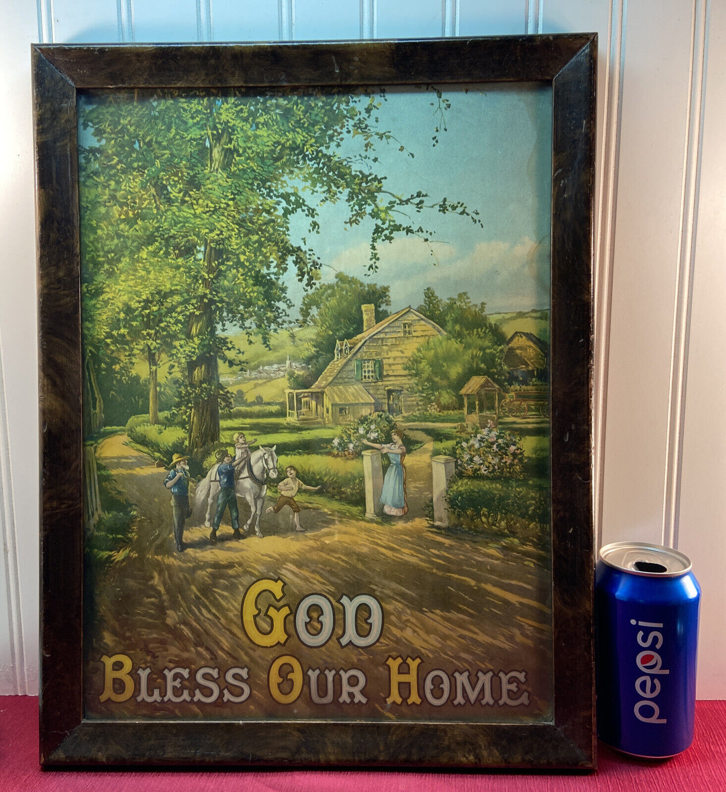 Vtg 1920-30’s God Bless Our Home Lithograph Print Family Country Cottage Framed