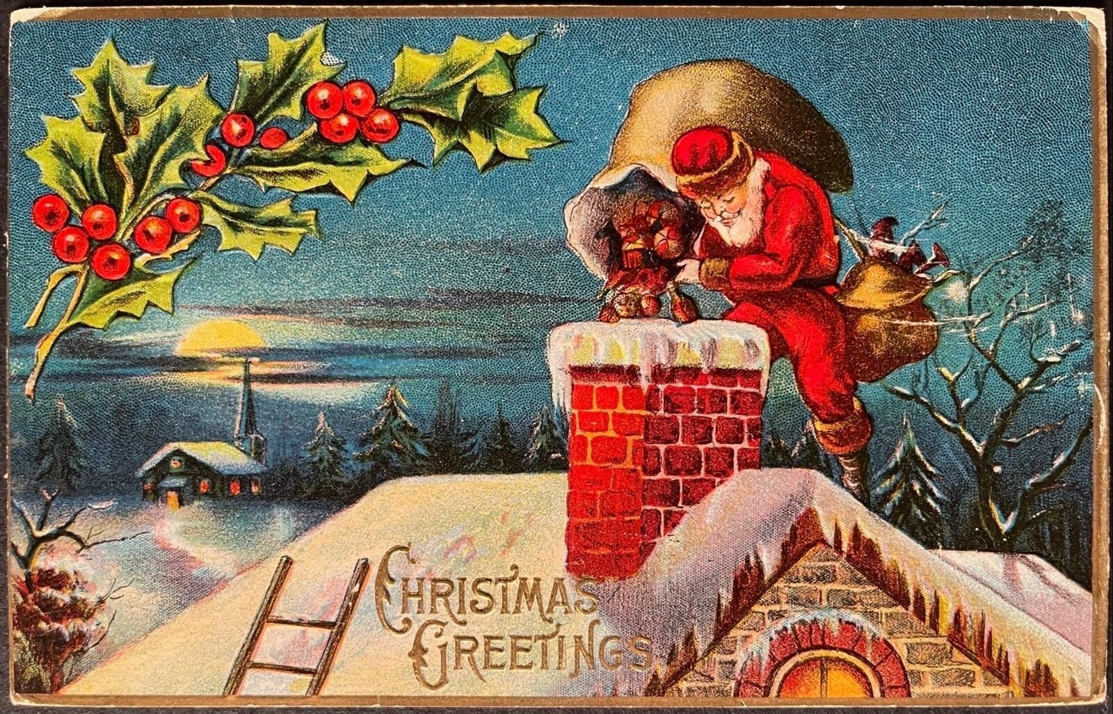 Neat Santa Dumping Presents down Chimney  1911, Embossed Postcard