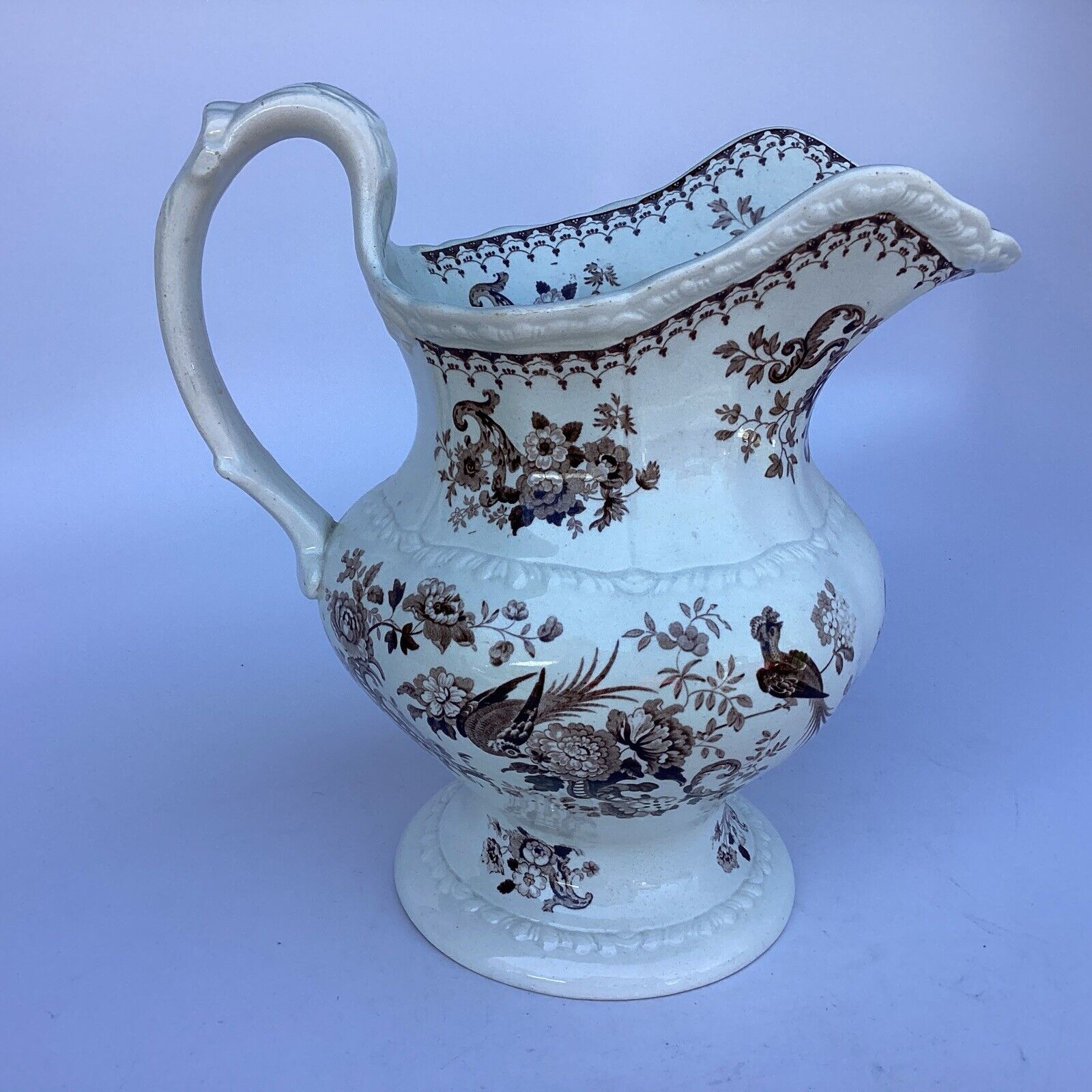 Fine antique Staffordshire Brown 10” Transferware Pitcher Vase Bird Floral